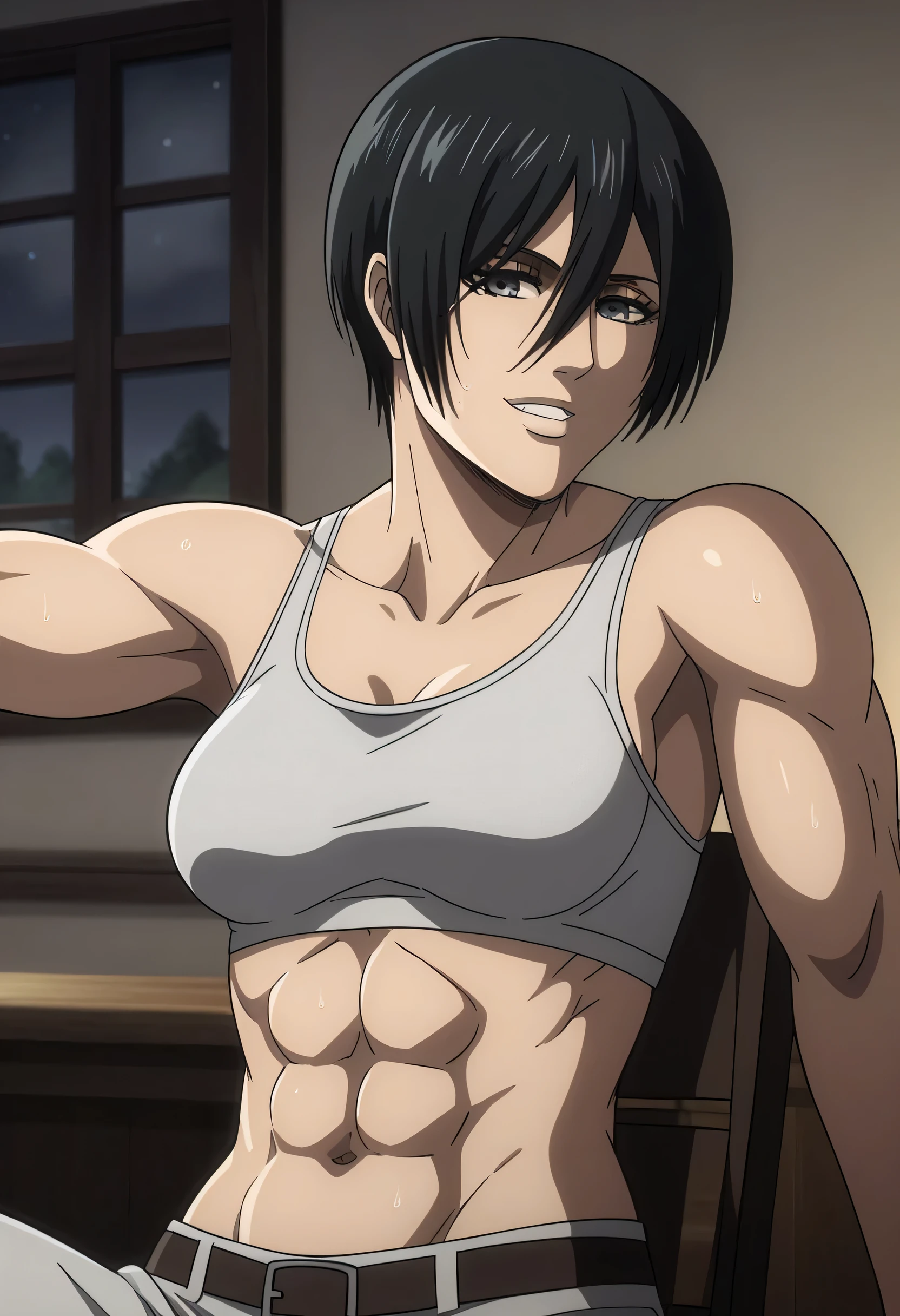 (best quality,ultra-detailed,realistic:1.37),musclaur badass girl with sculpted body with preview her musclaur body and six-pack,full review of the female character face and body, intense expression,studio lighting, vivid colors, physiologically-based rendering, grungy texture, rugged background, dust particles in the air, commanding presence,professional,powerful, gritty aesthetics,Valmet،short hair،tattoos on shoulders,Shining muscles,with her muscles and stomach muscles,bathroom,eyepatch,from behind,abs,wet,white skin,fixing graphics,fixing character body,take a shower,bathroom,naked,water dropped on her body from above,washes her head،:in a shower,standing in front of her shower,Shining muscles,Dew drops on shoulders,penisQuiron,penis growth,Erect penis,perfect penis size,veins in penis,jerk off,masturbation,masturbate