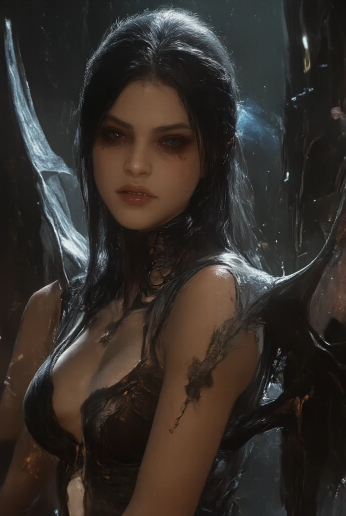 a young and beautiful woman, with black hair and light eyes, with a naked body and a necklace around her neck, holding a book and invoking a humanoid cosmic entity with blue eyes, a smile with a mouth with sharp teeth and black tentacles on her back, in the background dark forest with smoke, cosmic horror style.