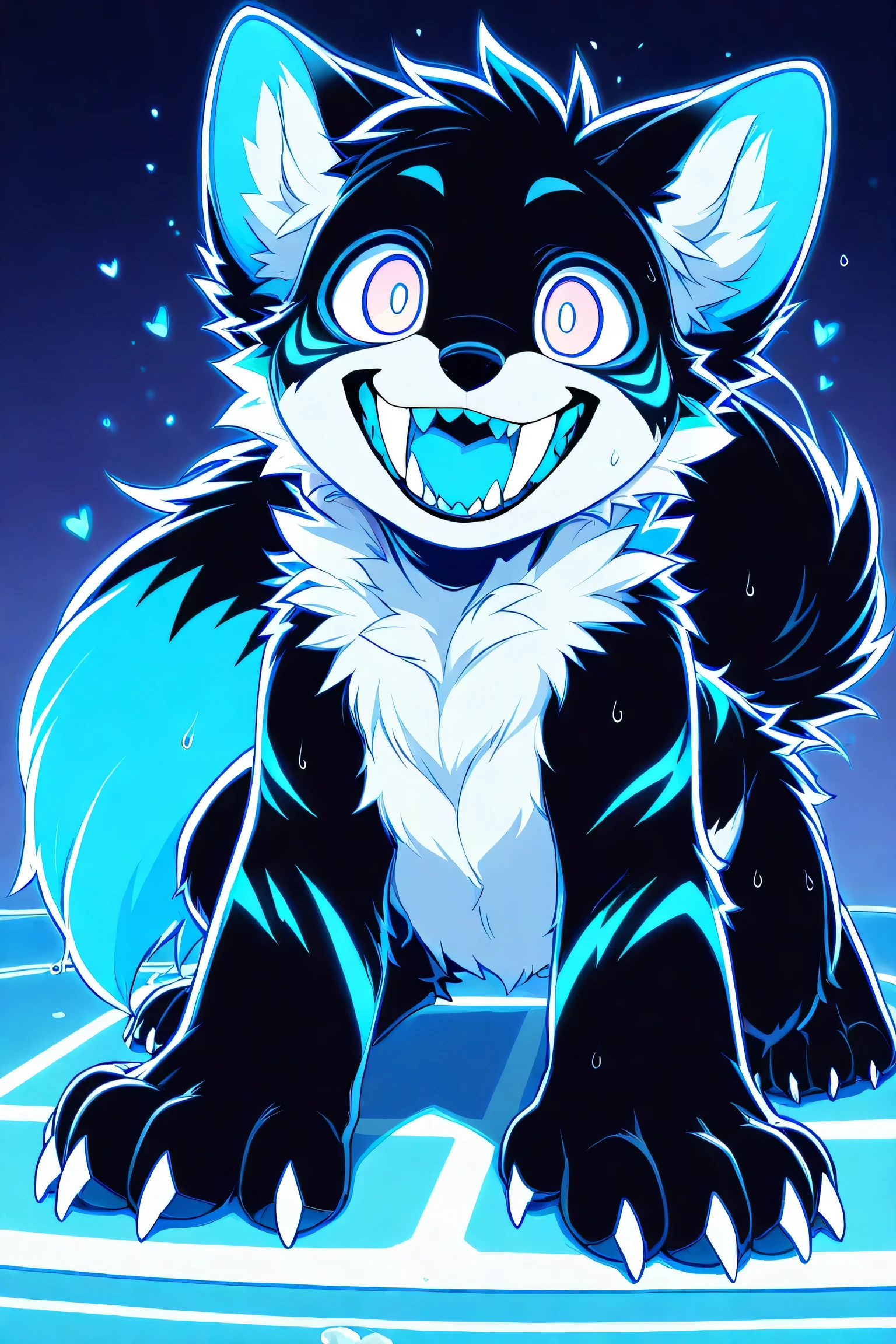 (((Feral))), male, fluffy fur, solo, attractive body, big tail, big paws, claws, ((big fangs)), (((white belly))), (((black fur))), (((blue neon fur markings))), cub, young, colored, crazy smile, floating hearts, chest fluff, fluffy hair, back fluff, leg fluff, (((twink body))) wet fur, on dancefloor, (((portrait))), on front view, paws