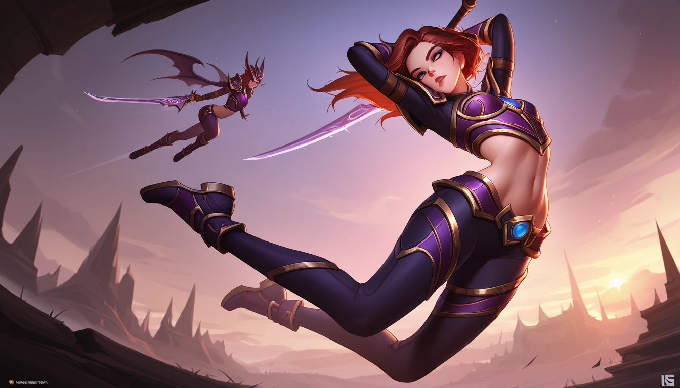 Close-up of a woman holding a sword and purple dress, League of Legends Concept Art, Extremely detailed Artgerm, League of legends characters art, 英雄联盟style art, League of Legends Art, style art, details, League of Legends Art style, League of Legends illustration, League of legends characters,Kasha, Riot Games Concept Art