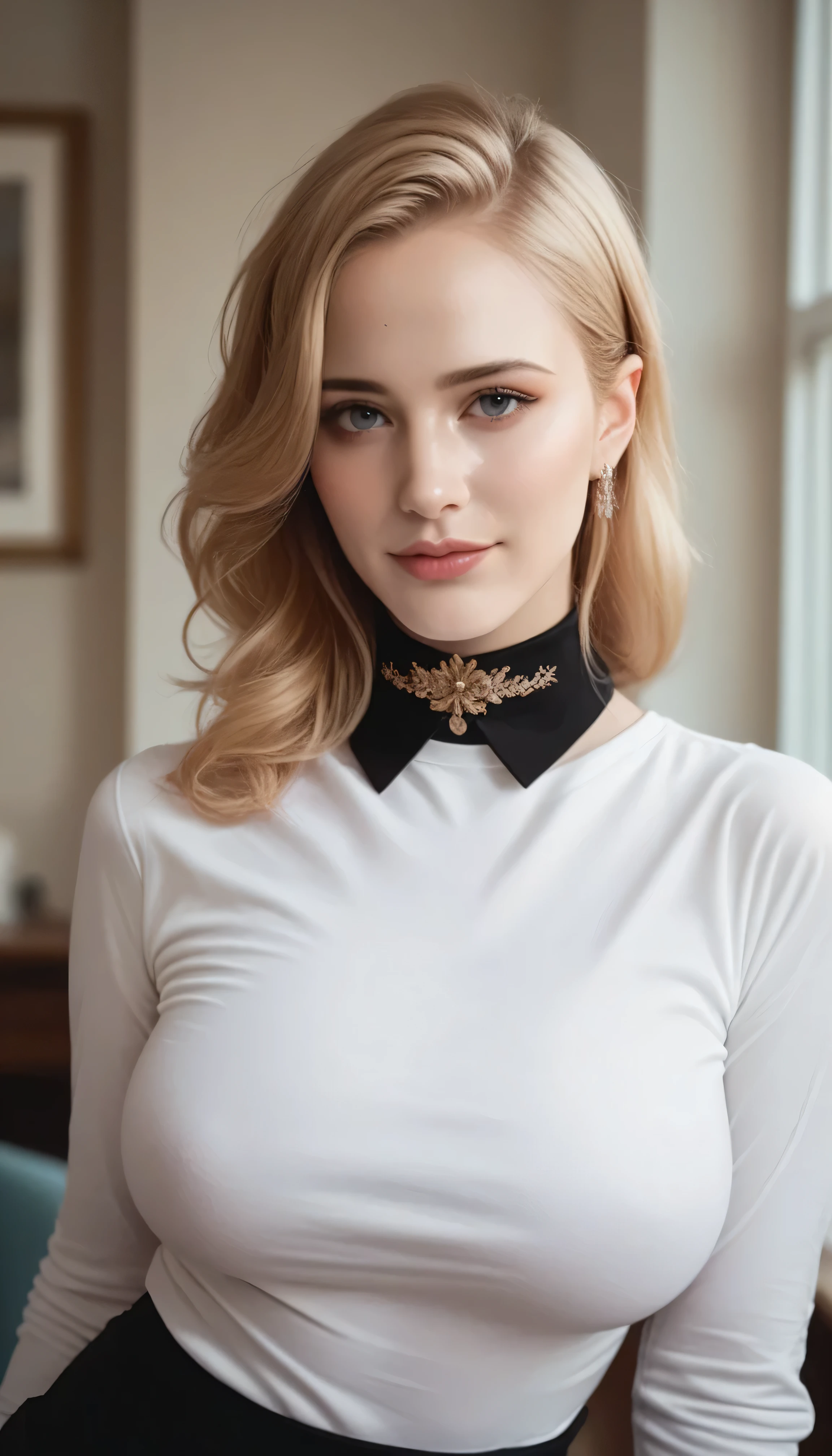 beautiful woman with large breasts, wearing long sleeve shirt with collar and black pants, half body portrait, realistic photo