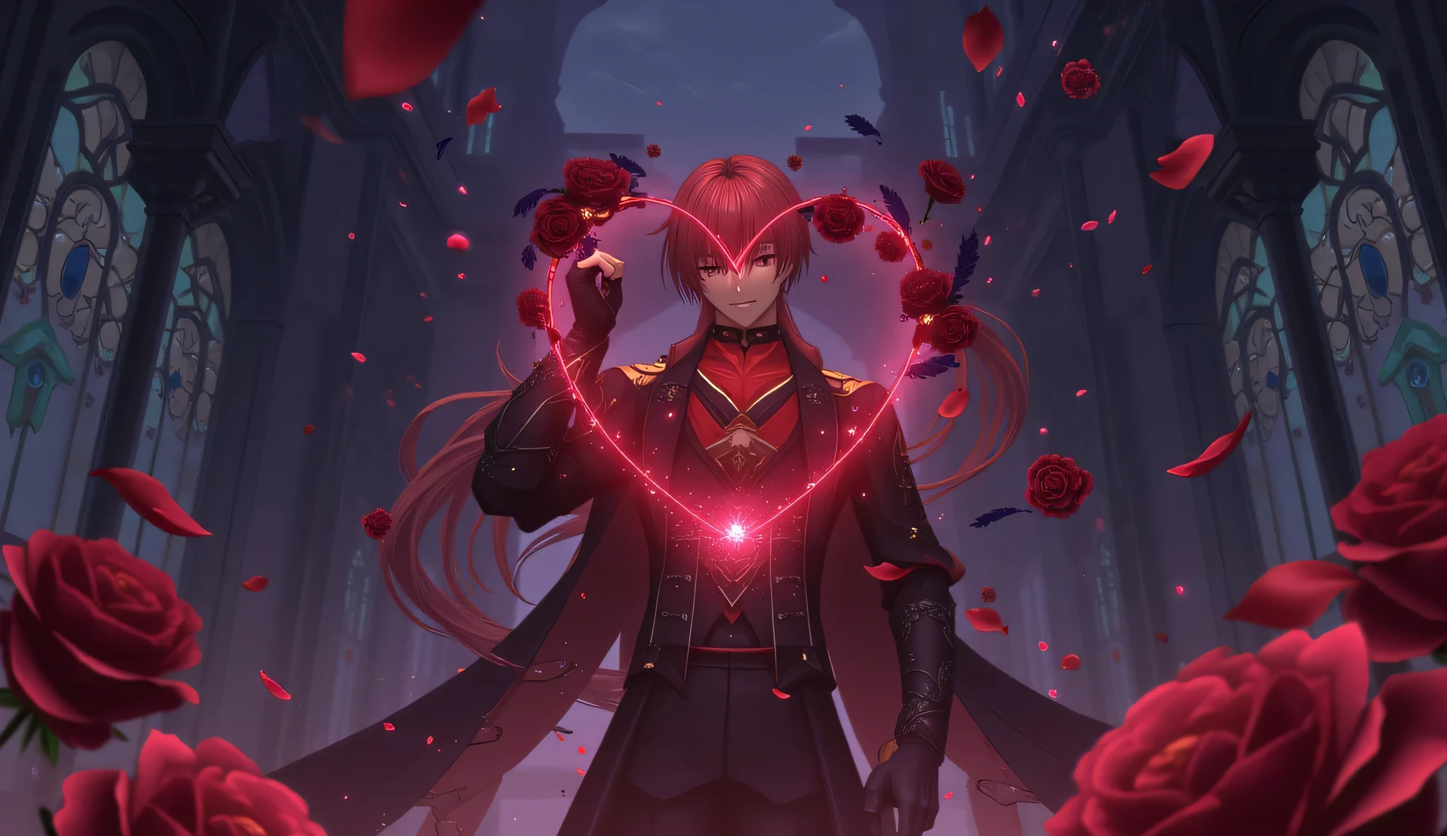 Valentine's Day in the style of Genshin Impact. In the center is an elegant heart surrounded by a soft mystical glow. The heart floats in the air ,  like an artifact ,  emitting magic particles .  Red roses with dew drops are swirling around ,  black lace with thin silver threads ,  dark feathers and light crystal fragments ,  reminiscent of the energy of .

 Diluk is standing nearby — elegant and mysterious ,  in his classic black and red outfit .  His long fiery red hair flutters slightly in the wind,  and the ruby gaze reflects the soft light of his magical heart .  In one hand he holds a rose ,  and in the other hand he has a glass of wine ,  filled with a dark red drink ,  resembling blood . A light flame flickers around him, , emphasizing his aristocratic , but a dark aura .

 The background is mysterious and elegant — a majestic Gothic Mondstadt-style castle with stained glass windows,  elements through which moonlight ,  creating a shadow game .  The air is filled with floating petals ,  flows with flickering particles of anime magic .  The color scheme combines deep maroon ,  purple and black shades ,  with contrasting silver and blue highlights .

 Style — a detailed anime , вдохновлённое Genshin Impact,  with soft light effects and a deep atmosphere of romance and mysticism .  without inscriptions,  accent that conveys feelings exclusively through visual elements .