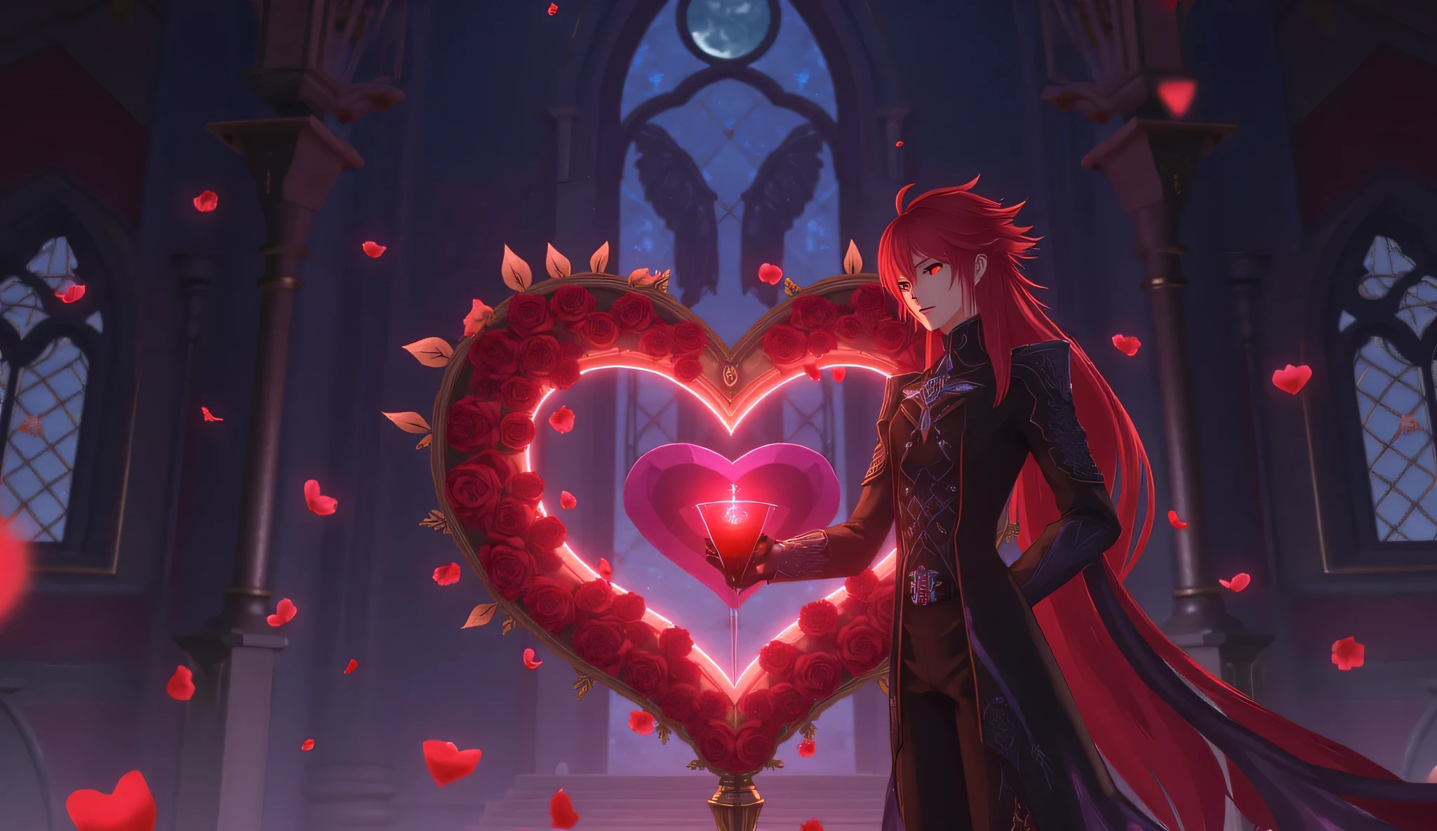 Valentine's Day in the style of Genshin Impact. In the center is an elegant heart surrounded by a soft mystical glow. The heart floats in the air ,  like an artifact ,  emitting magic particles .  Red roses with dew drops are swirling around ,  black lace with thin silver threads ,  dark feathers and light crystal fragments ,  reminiscent of the energy of .

 Diluk is standing nearby — elegant and mysterious ,  in his classic black and red outfit .  His long fiery red hair flutters slightly in the wind,  and the ruby gaze reflects the soft light of his magical heart .  In one hand he holds a rose ,  and in the other hand he has a glass of wine ,  filled with a dark red drink ,  resembling blood . A light flame flickers around him, , emphasizing his aristocratic , but a dark aura .

 The background is mysterious and elegant — a majestic Gothic Mondstadt-style castle with stained glass windows,  elements through which moonlight ,  creating a shadow game .  The air is filled with floating petals ,  flows with flickering particles of anime magic .  The color scheme combines deep maroon ,  purple and black shades ,  with contrasting silver and blue highlights .

 Style — a detailed anime , вдохновлённое Genshin Impact,  with soft light effects and a deep atmosphere of romance and mysticism .  without inscriptions,  accent that conveys feelings exclusively through visual elements .