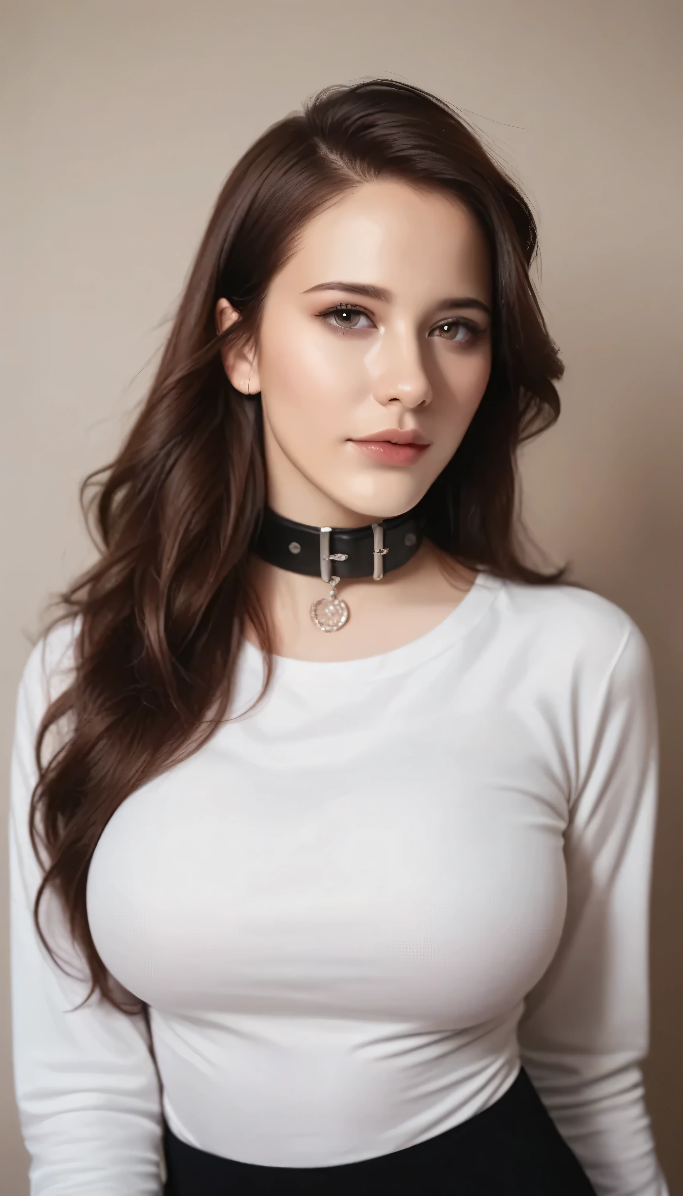 beautiful woman with large breasts, long dark brown hair, wearing long sleeve shirt with collar and black pants, half body portrait, realistic photo