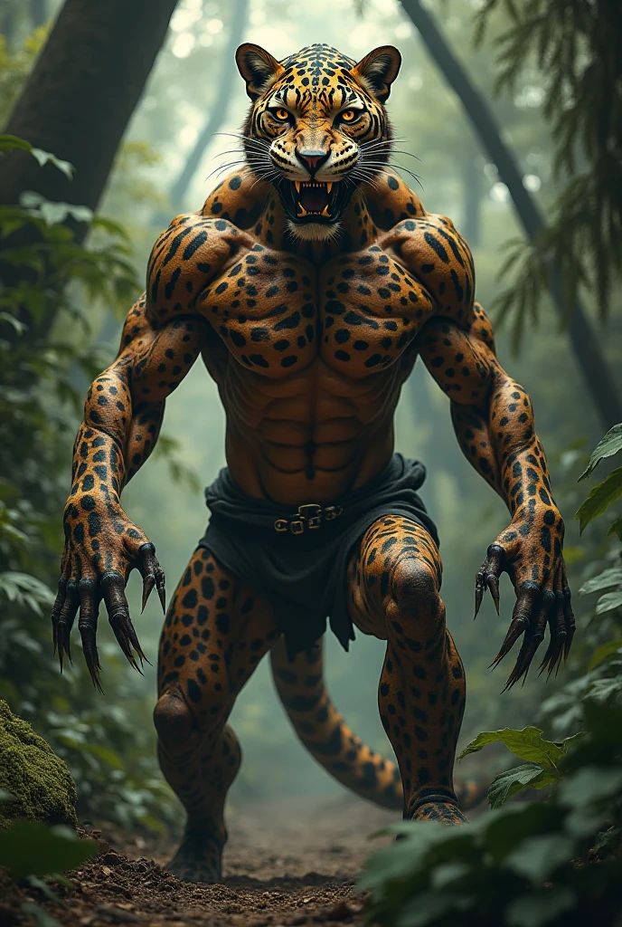 Full body photo,Anthropomorphic male leopard, hybrid,Human 30%,Leopard 70%,Detailed fangs, leopard body,Human limbs,Leopard Claws,Walking like a monkey,Human jaw,RAW Candid Cinema, 16mm, Color graded Portra 400 film, amazing colors, Ultra-realistic, Textured skin, Incredibly fine pupils, Realistic dull skin noise, Visible skin details, Skin fuzz, dry skin, Filmed with a movie camera, High quality photos, Three-point lighting, flash with softbox, 4K, Canon EOS R3, High resolution, Smooth, Sharp focus, High resolution, Award-winning photo, 80mm, f2.8, Bokeh