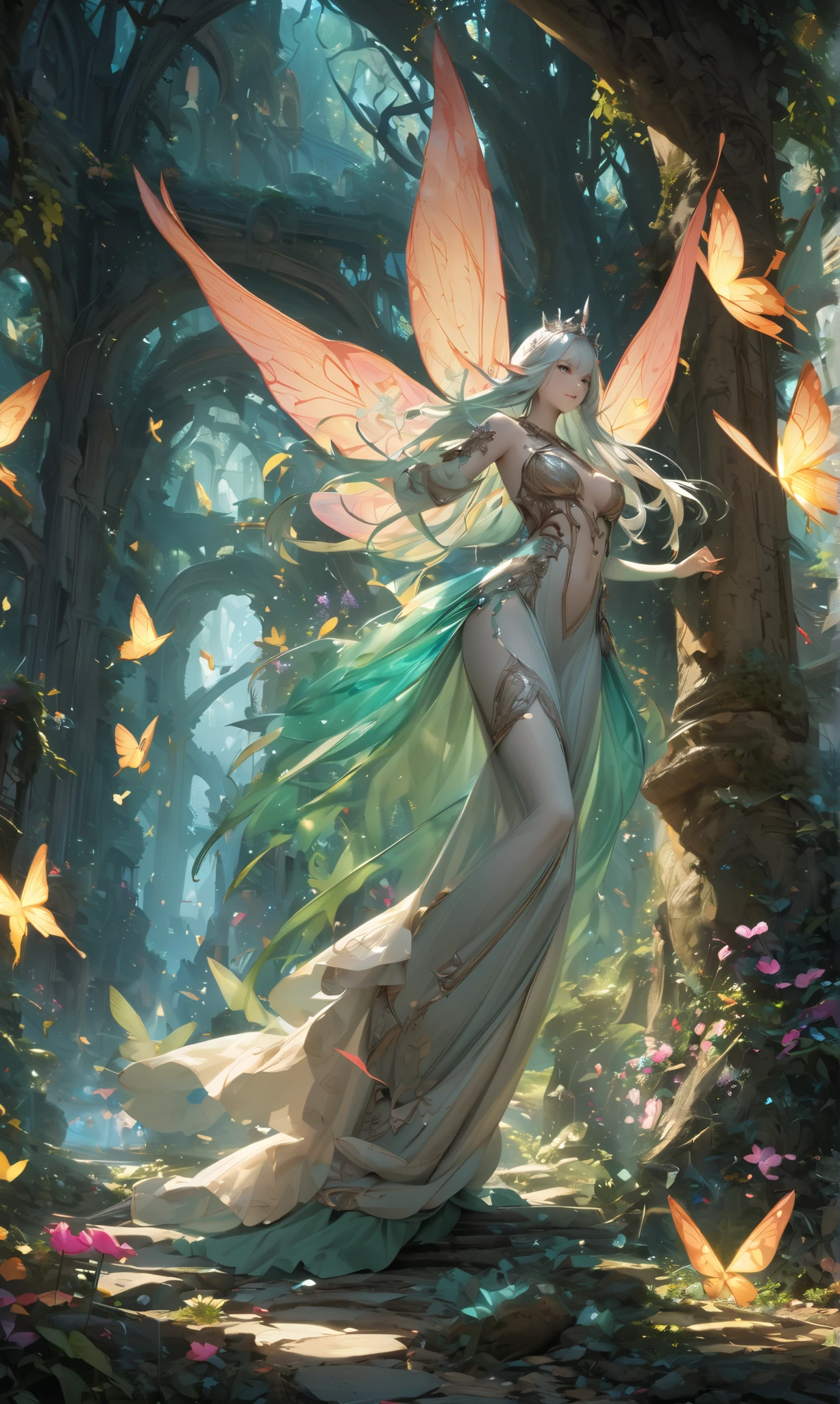 Draw the Queen of Spirits,White skin type, perfect face, pointed ears,Elven Elements,silver queen tiara,Noble and beautiful,A long dress made of translucent silk,Fairy Wings , Expiration Ratio,( perfect anatomy: 1.3), zoom out 、 hamster looking at camera, show me full body , magic before the Ice Castle, elegant, artwork, rendering, Dynamic Poses,( masterpiece:1.3),( top quality:1.4),( very detailed:1.5), Hi-Res, very well detailed, Unity 8k Wallpaper,Dark Fantasy, complicated details,wind,Fairy Forest,Glowing Butterfly, anatomically accurate