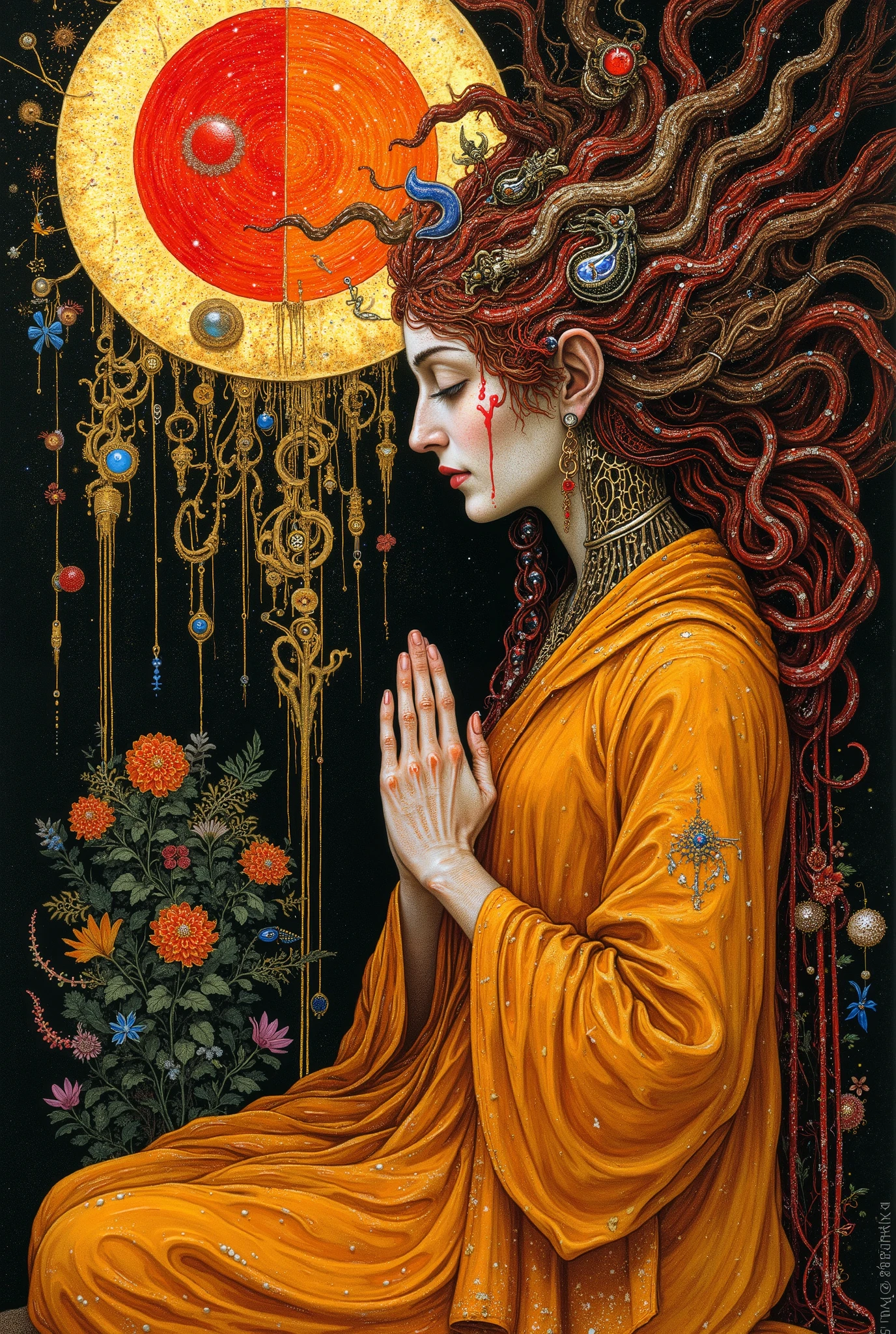 (((facing to the side,from side,side view,facial profile,profile:1.5))),1 girl,((beautiful goddess,motherly)),((zazen,buddha pose,sitting,praying hands:1.5)),body horror,third eye,biomachine,(bloody),shining sun, living being, (vivid color),(colorful),(tangled:1.2),(wearing robe:1.2), H.R Giger style, wingry 6 arms,Gustav Klimt Style,
Granulated,blood vessels,red liquid,red,gold,ritual,Abundance,
16k,detailed image, by gustavklimt,creature,biomechanical style