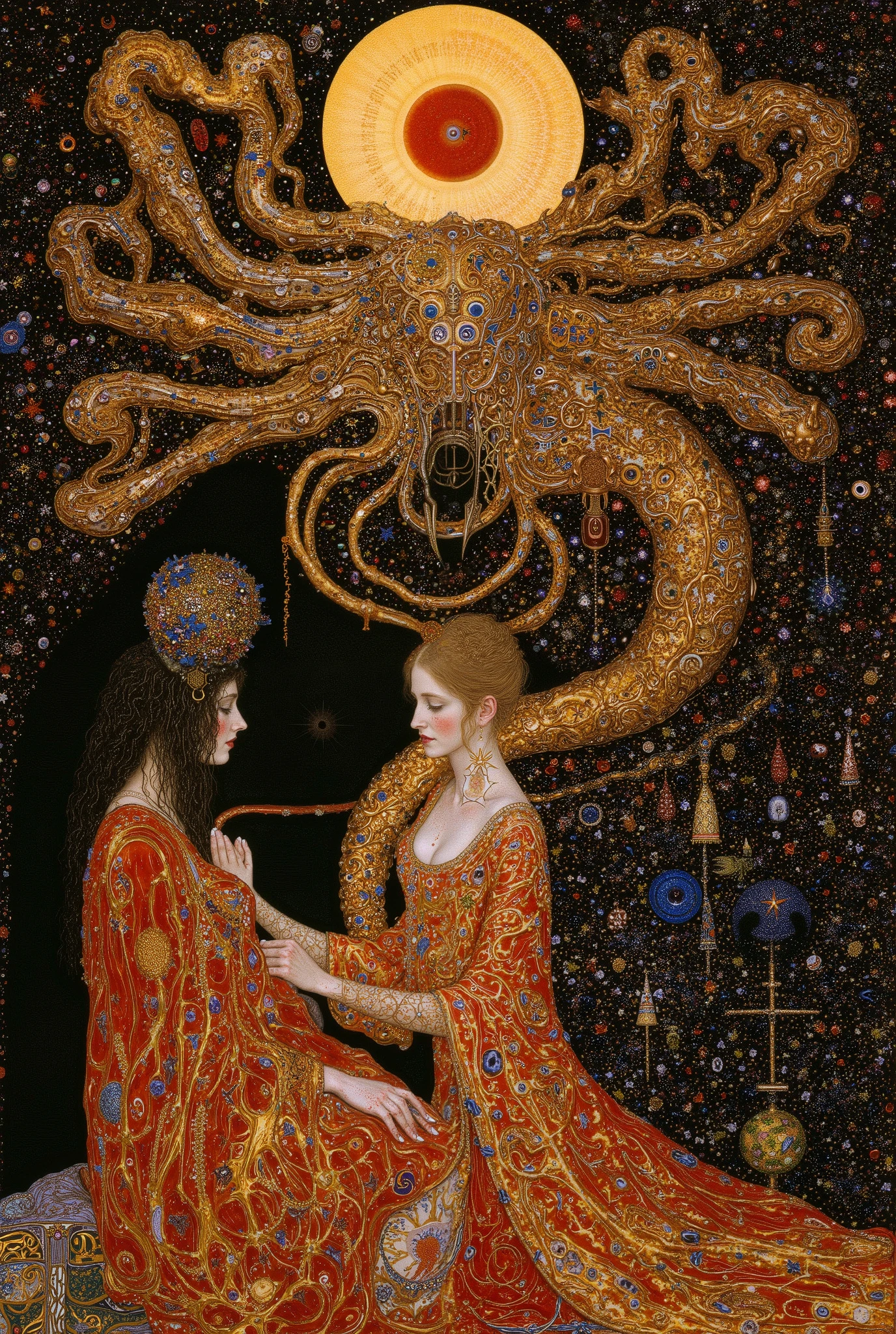 (((facing to the side,from side,side view,facial profile,profile:1.5))),1 girl,((beautiful goddess,motherly)),((sitting,praying hands:1.5)),body horror,third eye,biomachine,(bloody),shining sun, living being, (vivid color),(colorful),(tangled:1.2),(wearing robe:1.2), H.R Giger style, wingry 6 arms,Gustav Klimt Style,
Granulated,blood vessels,red liquid,red,gold,ritual,Abundance,
16k,detailed image, by gustavklimt,creature,biomechanical style