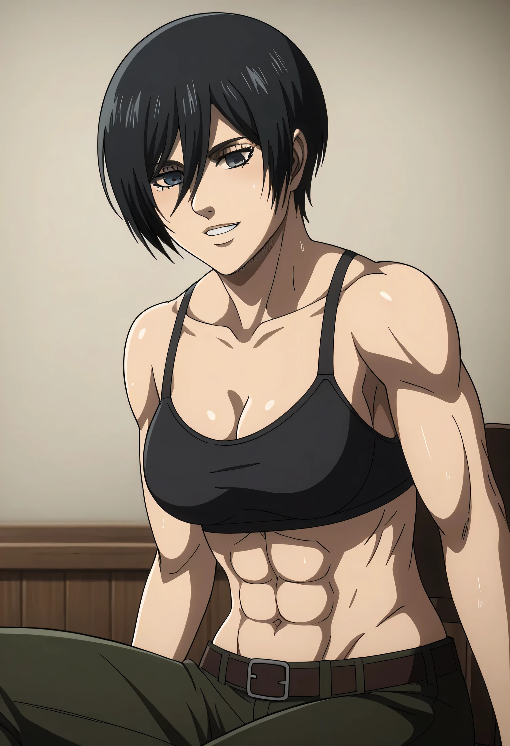 score_9, score_8_up, score_7_up, BREAK source_anime, mikasa ackrman, grey eyes, black hair, short hair, medium breasts,Mikasa wreanig black tight sport Elastic fiber bra and black loose military trousers,mikasa with good looking body,perfect lighting,mikasa final season design,mikasa mappa version,sitting on chair, Perfect generation,mikasa boy hairstyle,mikasa season 4 version,attack on titan graphics,in night,HD wallpaper,perfect colors,pixie cut hairstyle,fighting face,,Sweat body,mikasa flat stomach,mikasa only six-pack,normal body size,anime style,tone six-pack,attack on titan season 4 style,upper body,close review to character,bra design as tank top, mikasa handsome face,in bedroom,light trun off in room,mikasa alone in room,solo,1girl, serratus anterior muscles,Qblique muscles,female navel,teeth appear at smile,too white skin,short appear in mikasa pants,Mikasa muscles lines detailed,open pants buttons,belt off,hand laying on sude chair choza sitting,reviewing from side mikasa,too close to character review