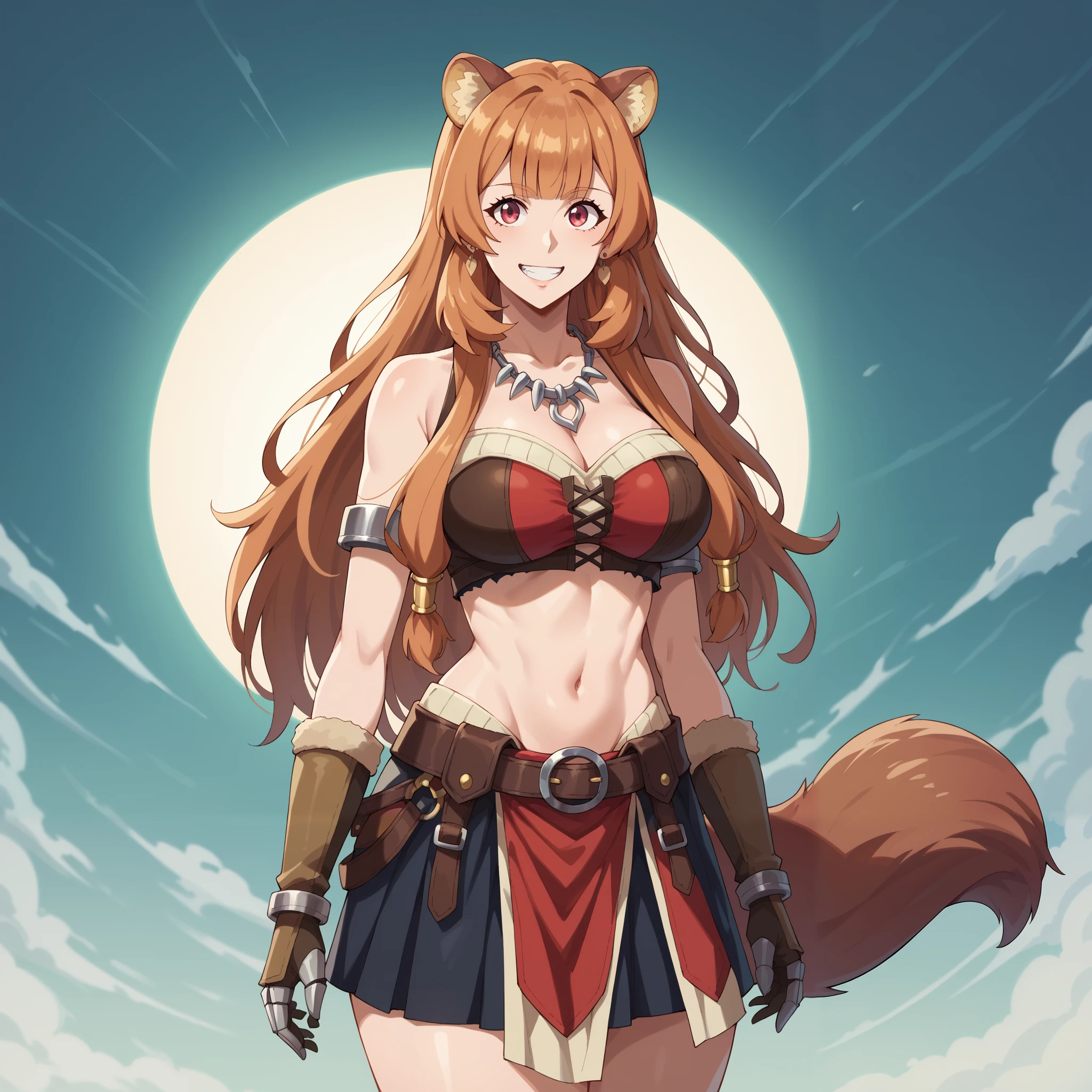 raphtalia , orange hair, red eyes, big breasts, animal ears , smile, female body. Very Big Breasts. FLAT ABDOMEN , tooth earrings , tooth necklace , Bare Shoulders, Leather trim, bracelet, Gauntlets, neckline , navel , , leather skirt , leg warmers , ,, Alone , Standing up huge breasts.