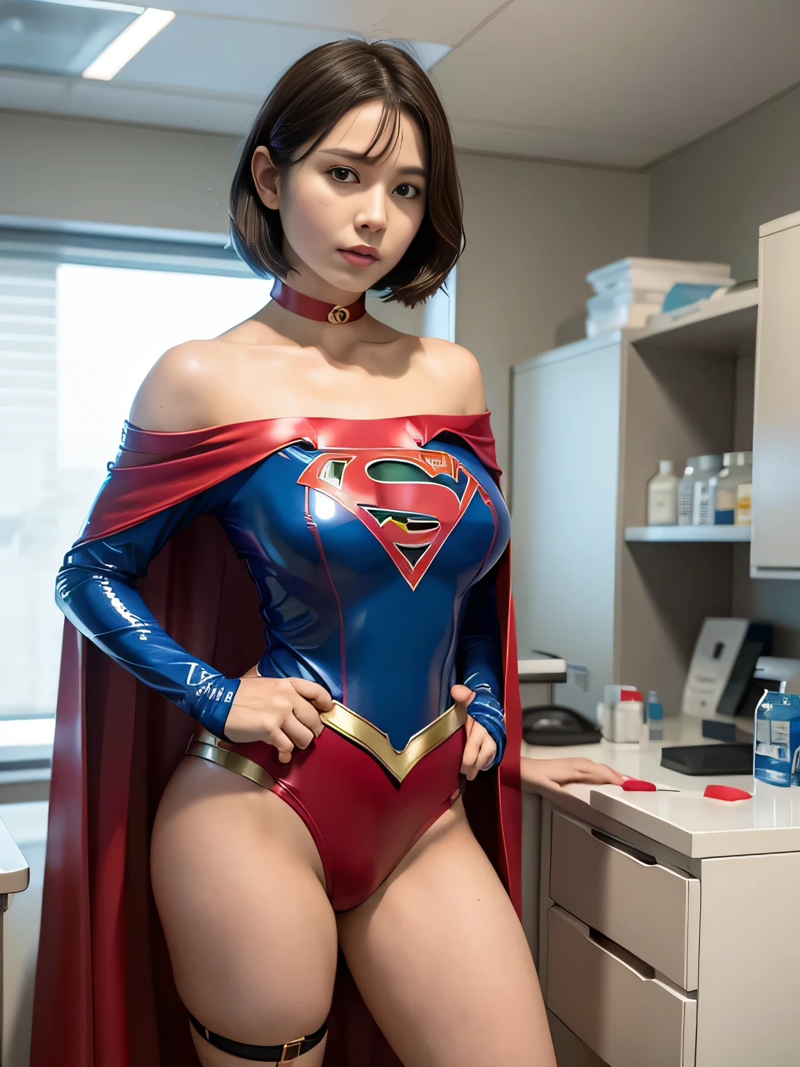 ​masterpiece、Short-haired Supergirl、Intensive care unit、Operating table、Ultra mini skirt、bare-legged、Looking at the camera、Glossy costume、up chest、long-sleeve、Put your hands on your hips