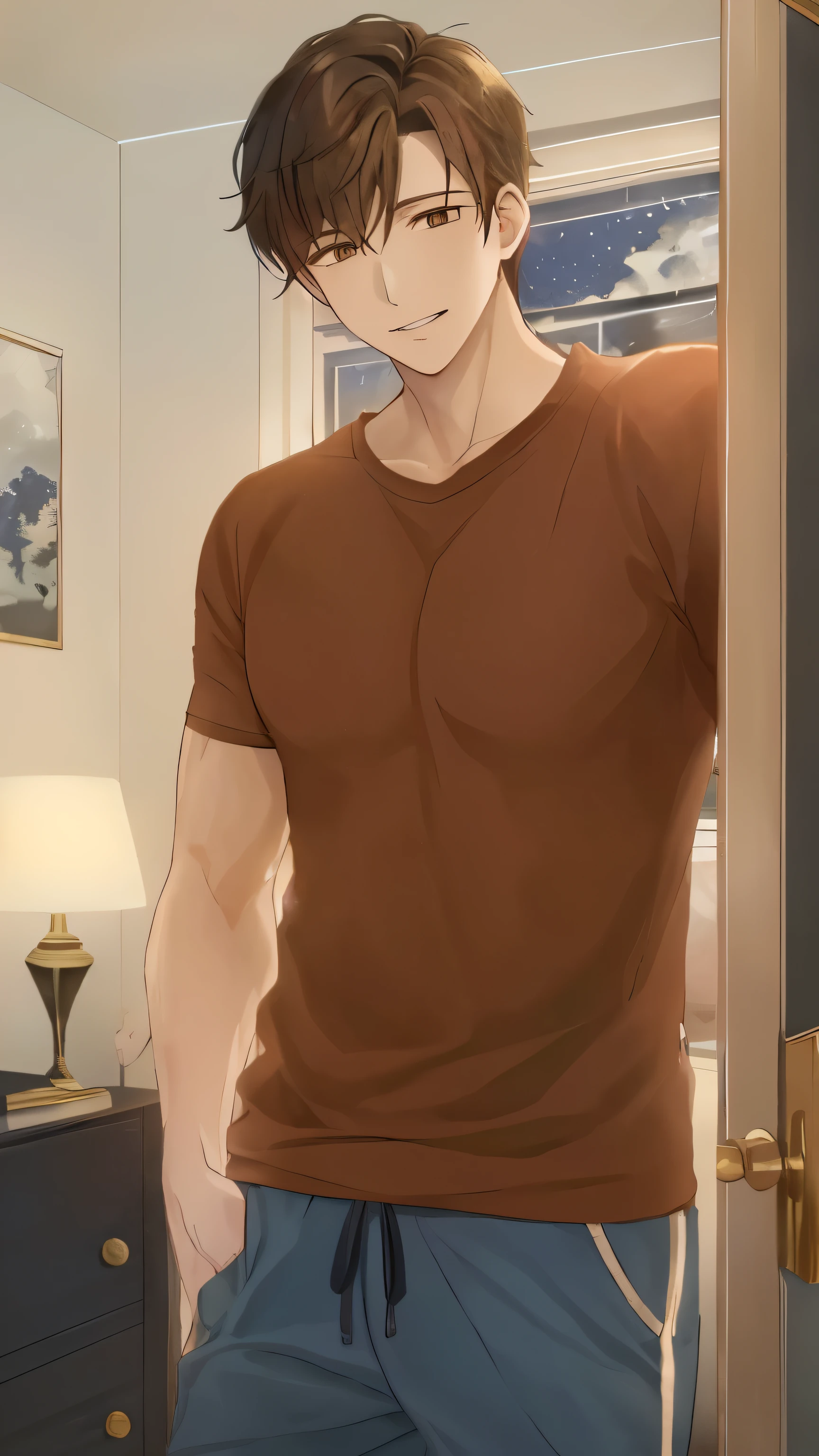 (nighttime, city lights, starry sky, moonlight, dark blue sky, atmospheric glow, soft ambient lighting),A confident and reliable man stands at the entrance of a cozy, warmly lit home, gently smiling as he welcomes you. He has short brown hair and deep brown eyes, exuding intelligence and a muscular build that adds to his charm. His warm and inviting expression creates a sense of comfort and reassurance. The setting is a clean and tidy doorway, with a glimpse of the home's interior visible behind him, featuring soft lighting and a welcoming atmosphere. He is dressed in casual, relaxed loungewear, such as a fitted T-shirt and comfortable sweatpants, which highlight his relaxed yet sexy demeanor. The scene captures a perfect balance of friendliness, reliability, and a touch of understated sensuality