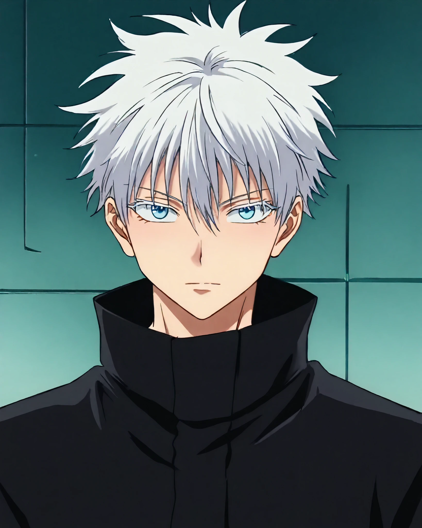 score_9, score_8_up, score_7_up, score_6_up, BREAK, source_anime, rating_explicit, masterpiece, best quality, ((upper body)), detailed background
short hair, 1boy, white hair,spiked hair, gojou satoru, blue eyes, colored eyelashes, hair between eyes, black jacket, expressionless, looking at viewer,