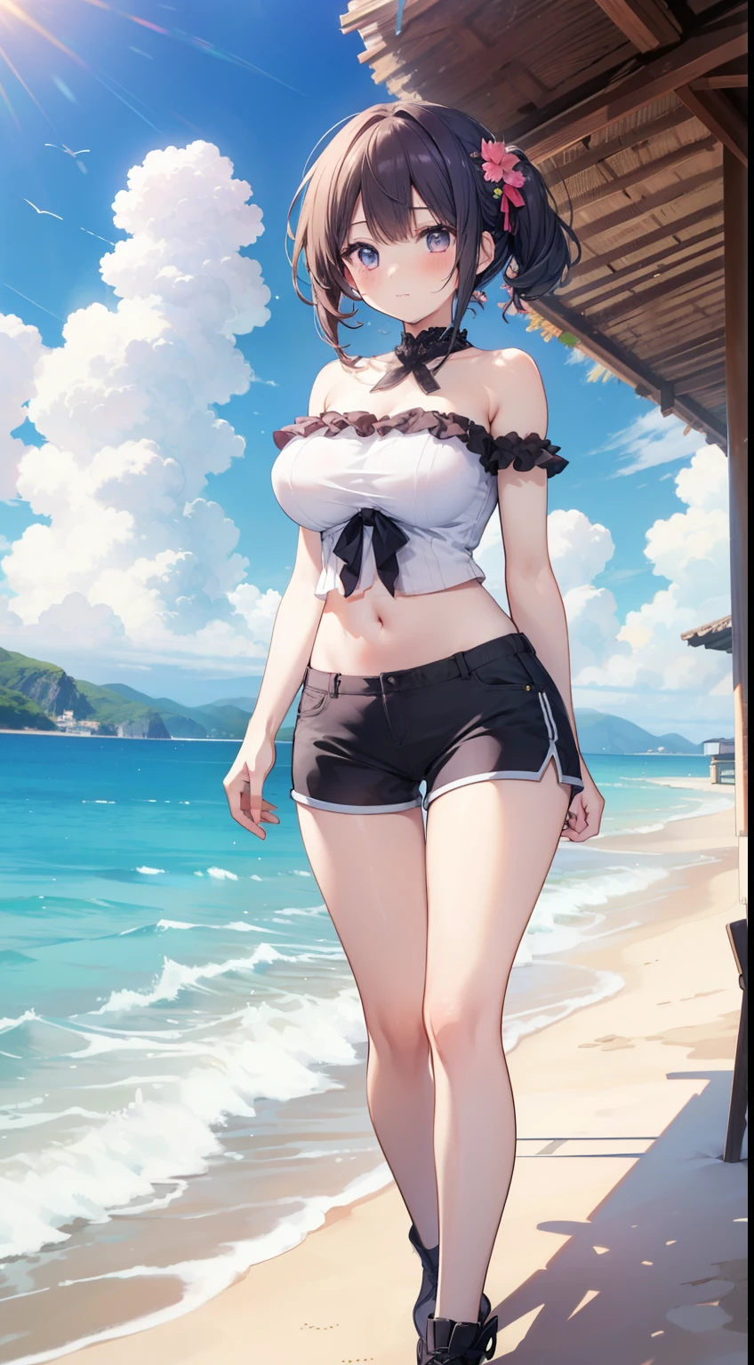 1girl、(17 year old thief giving a footjob to a penis)、evil grin、Short blonde、(Forehead)、bandana、A black bra visible through a torn T-shirt、T-shirt with torn chest、Very short shorts、Gloves、Attractive breasts、(Holding a dagger in his right hand)、((Hold the dagger towards me))、(In his left hand he holds the stolen gold jewelry.)、Plump thighs、(foot on penis)、((sexy thief))、1boy、boy is hero、(penis)、(amazon position)、(The man is wearing armor)、The man is lying on the ground、((eject cum))、(On the unpaved roads of the village)、((Angle from below))、Stepping on the penis、