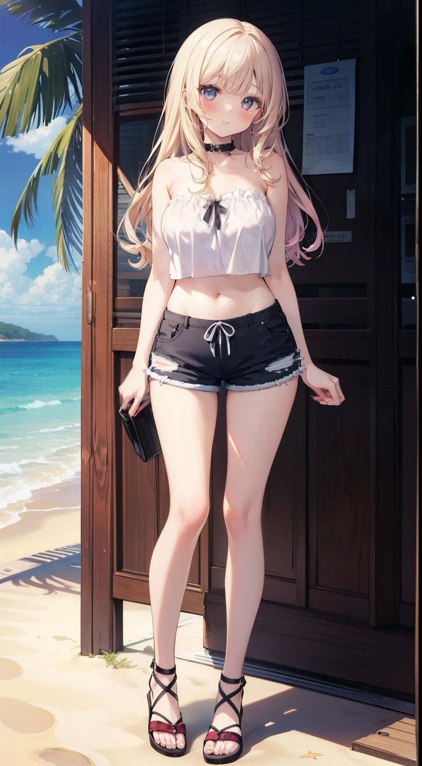 (masterpiece, highest quality, ultra high res, ultra detailed:1.3), 1 cute girl, ideal ratio body proportions, blonde short hair, red tank top, blue pleated mini skirt, (white panties, panties visible:1.3), GoPro, cameltoe, clothes covered nipples,