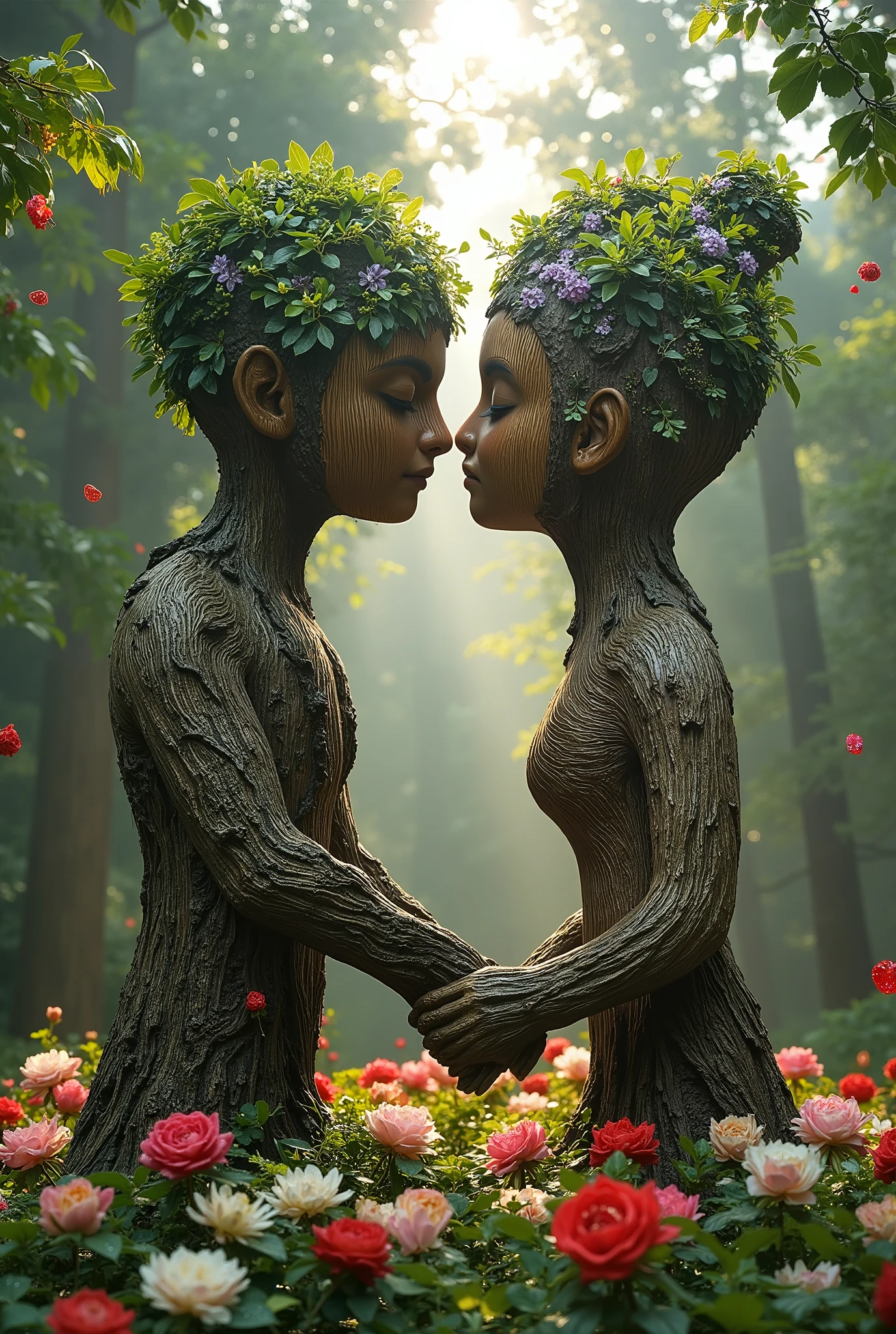 Two massive intertwined trees, towering above the forest, forming the shape of a heart. Their trunks are colossal, with bark intricately textured to resemble human figures, capturing the delicate features of a couple locked in a tender kiss. The branches reach out and merge at the top, their forms blending seamlessly as they embrace. These grand trees stand proudly amidst a forest of smaller trees, creating a striking contrast. Soft, glowing light filters through the mist, casting an ethereal glow over the scene. A vibrant carpet of roses in shades of red, pink, and white blooms at their base, with dewdrops glistening on the petals. Heart-shaped leaves float gracefully through the air, like confetti, while soft beams of light illuminate the lush green foliage, accented with hints of purple and gold. The serene, magical atmosphere feels timeless, evoking love and tranquility, as if this perfect, romantic moment is forever frozen in the heart of the enchanted forest.