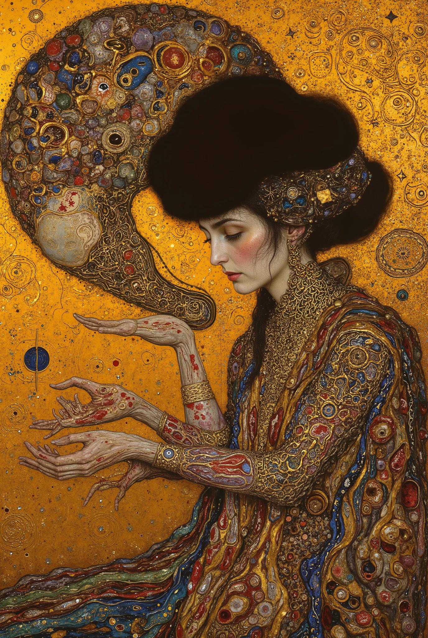 (((facing to the side,from side,side view,facial profile,profile:1.5))),1 girl,((beautiful goddess,motherly)),((sitting,praying hands:1.5)),body horror,third eye,biomachine,(bloody),shining sun, living being, (vivid color),(colorful),(tangled:1.2),(wearing robe:1.2), H.R Giger style, wingry 6 arms,Gustav Klimt Style,
Granulated,blood vessels,red liquid,red,gold,ritual,Abundance,
16k,detailed image, by gustavklimt,creature,biomechanical style