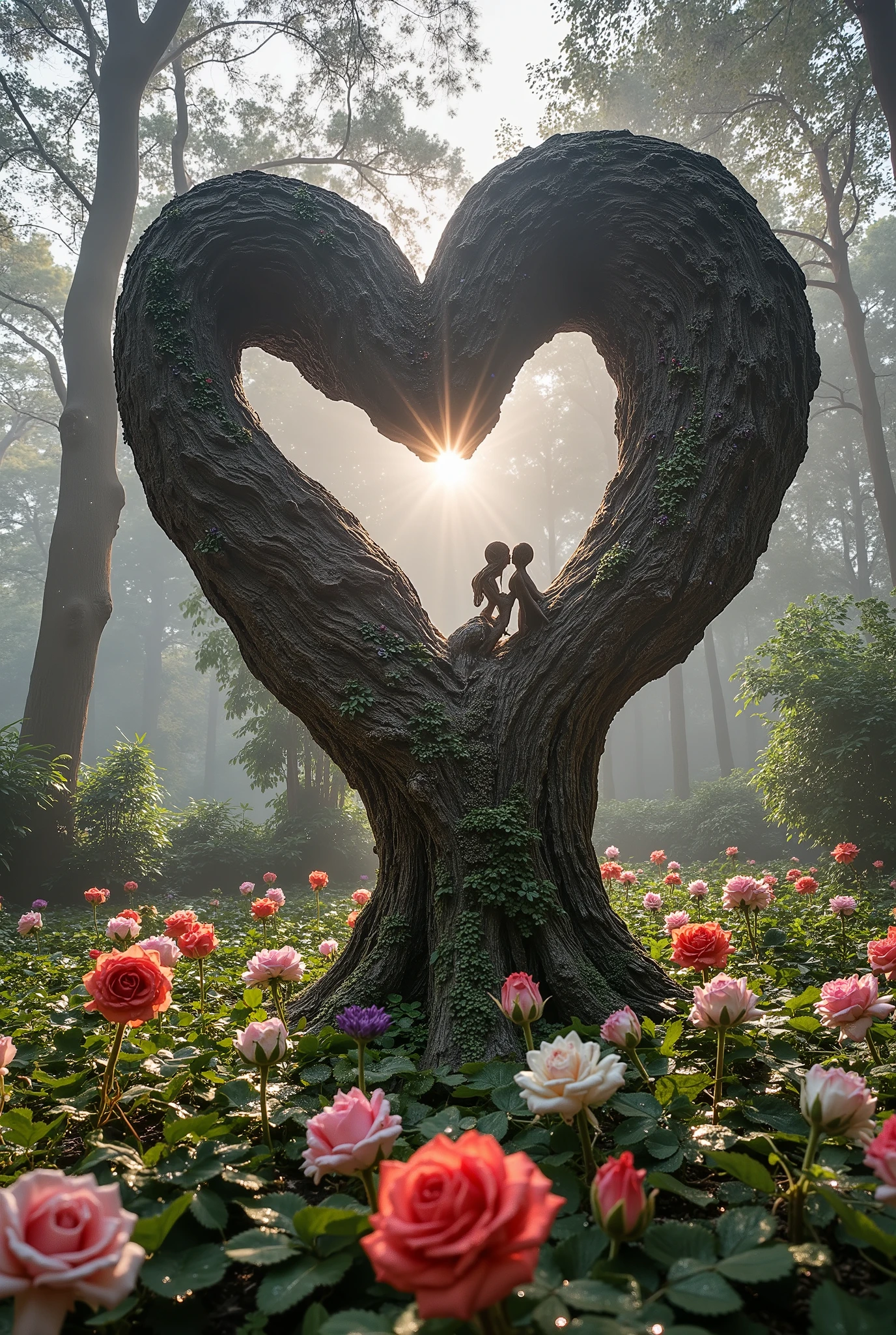 Two massive intertwined trees, towering above the forest, forming the shape of a heart. Their trunks are colossal, with bark intricately textured to resemble human figures, capturing the delicate features of a couple locked in a tender kiss. The branches reach out and merge at the top, their forms blending seamlessly as they embrace. These grand trees stand proudly amidst a forest of smaller trees, creating a striking contrast. Soft, glowing light filters through the mist, casting an ethereal glow over the scene. A vibrant carpet of roses in shades of red, pink, and white blooms at their base, with dewdrops glistening on the petals. Heart-shaped leaves float gracefully through the air, like confetti, while soft beams of light illuminate the lush green foliage, accented with hints of purple and gold. The serene, magical atmosphere feels timeless, evoking love and tranquility, as if this perfect, romantic moment is forever frozen in the heart of the enchanted forest.