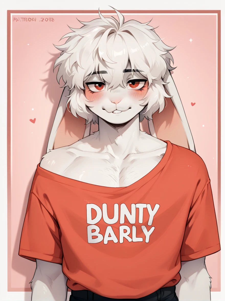 Very detailed illustration , ( Anthropomorphic hairy rabbit boy:1,7) , Voluminous disheveled hair , white hair, white fur, red eyes, playful look, Slim and ideal body , thin waist , Soft hips , pastel flat colors , beautiful, Jersey, short al . Delicate and feminine face .