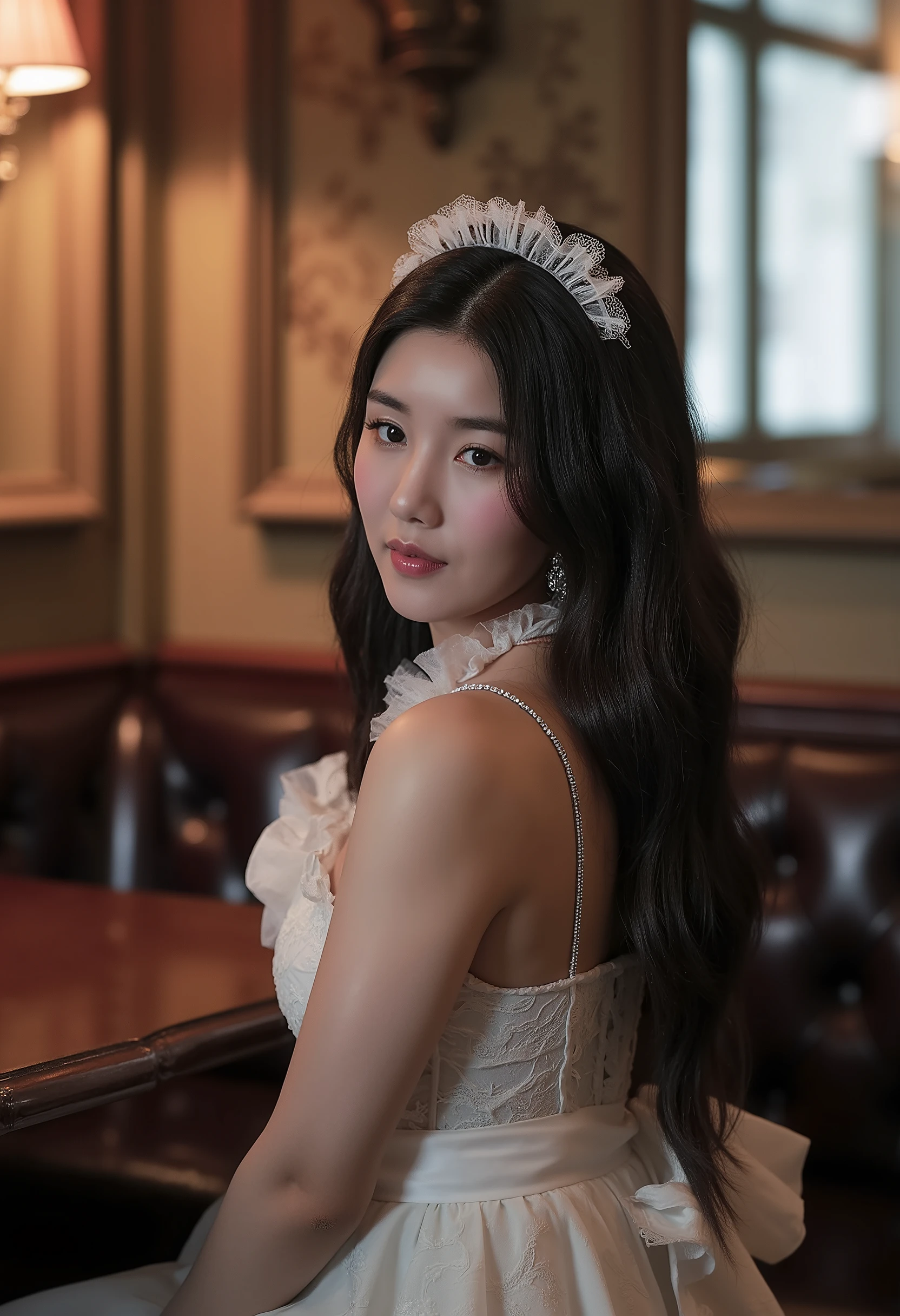 korean woman in maid uniform (Probability 0.8) Long hair, flowing, sitting confidently with a smile full of laughter, fully dressed in a curve-hugging outfit, she feels sweet like a Sugar Babe, photographed in ultra-high resolution. (uhd) The image is incredibly realistic, with intricate details that appear almost three-dimensional. The provocative atmosphere is palpable as she poses and invites the audience to indulge in her radiating charm. 