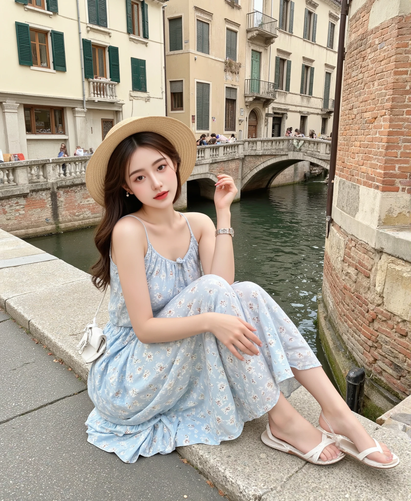 /imagine prompt: A high-resolution photograph of a woman sitting on a stone ledge by a scenic canal in a historic European city. She is wearing a light blue floral dress with delicate white flower patterns, featuring thin shoulder straps and a flowy, mid-calf length skirt that gently moves with the breeze. Her outfit is paired with a wide-brimmed straw hat adorned with a subtle ribbon bow on the side. She has white sandals with simple straps, revealing a polished pedicure. Her accessories include small pearl earrings, a silver wristwatch, and a white crossbody bag resting on her lap. Her hair is styled in soft waves cascading over her shoulders. The background includes ancient buildings with shuttered windows and a picturesque bridge over the canal. The lighting is bright and natural, enhancing the vibrant colors of her dress and the warm tones of the city. Created Using: Canon EOS 5D Mark IV, cinematic lighting, vivid color grading, shallow depth of field, street photography style, hd quality, natural look --ar 3:4 --v 6.0