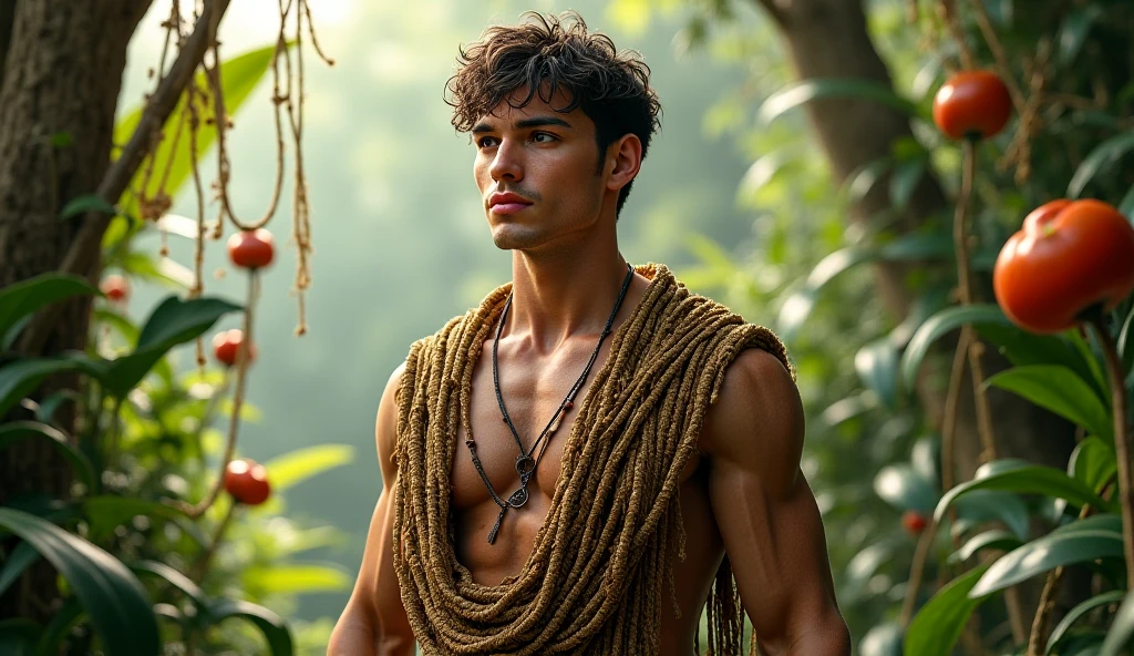 A tall, muscular tanned boy in his 20s, clean shaved, Shirtless, curly short black hair, sweaty and ragged attire, standing in a rustic village setting, high detail, realistic, dynamic lighting, portrait, character design, cinematic atmosphere, masterpiece .