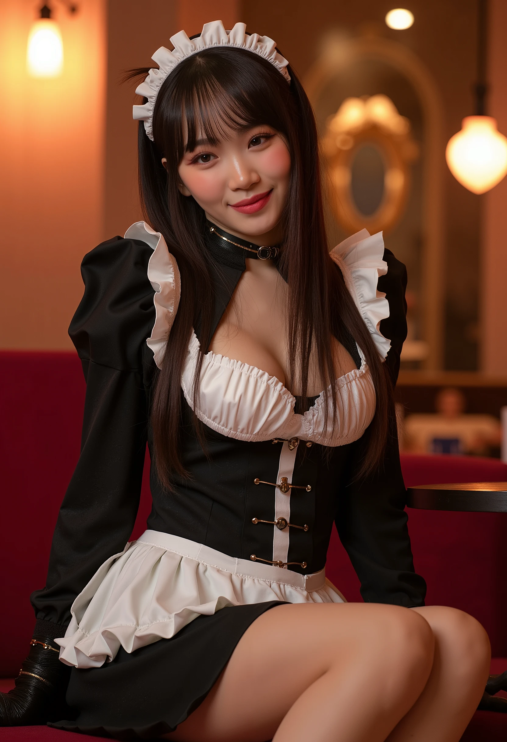 korean woman in maid uniform (Probability 0.8) Long hair, flowing, sitting confidently with a smile full of laughter, fully dressed in a curve-hugging outfit, she feels sweet like a Sugar Babe, photographed in ultra-high resolution. (uhd) The image is incredibly realistic, with intricate details that appear almost three-dimensional. The provocative atmosphere is palpable as she poses and invites the audience to indulge in her radiating charm.