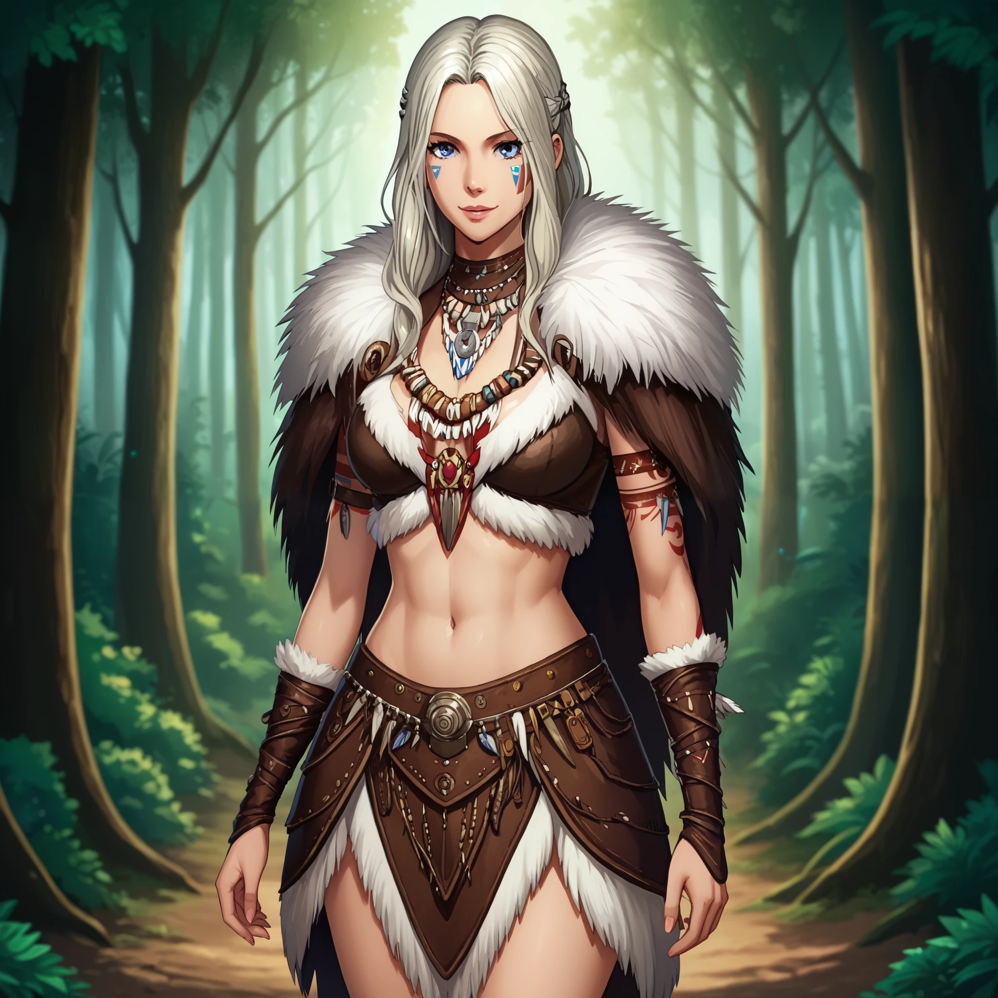 Rebecca Bluegarden is a female tribal warrior in a lush jungle setting. She has long, flowing ash blonde hair, with locks cascading over her shoulders. Her breasts are large and firm, her eyes blue, and her smile happy i. She wears a revealing tribal outfit made of brown animal skin and leather, trimmed with white fur trim. A necklace of bones rests around her neck, and she has tribal tattoos on her upper arms. Her arms and legs are wrapped with leather and fur straps, and she carries two primitive spears on her back. The background is an aboriginal village.