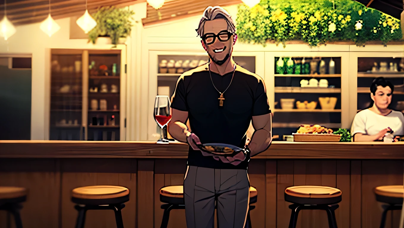 A middle-aged man with slightly silvery hair , calm face and calm gaze . He wore a simple shirt , rolled up sleeves , holding glasses of wine or plates of food . Standing in the middle of an outdoor party , he quietly watched everyone , sometimes smiled when he heard an interesting story . around, sparkly pendant lights , laughter joking Blending with the aroma of food and flowers.