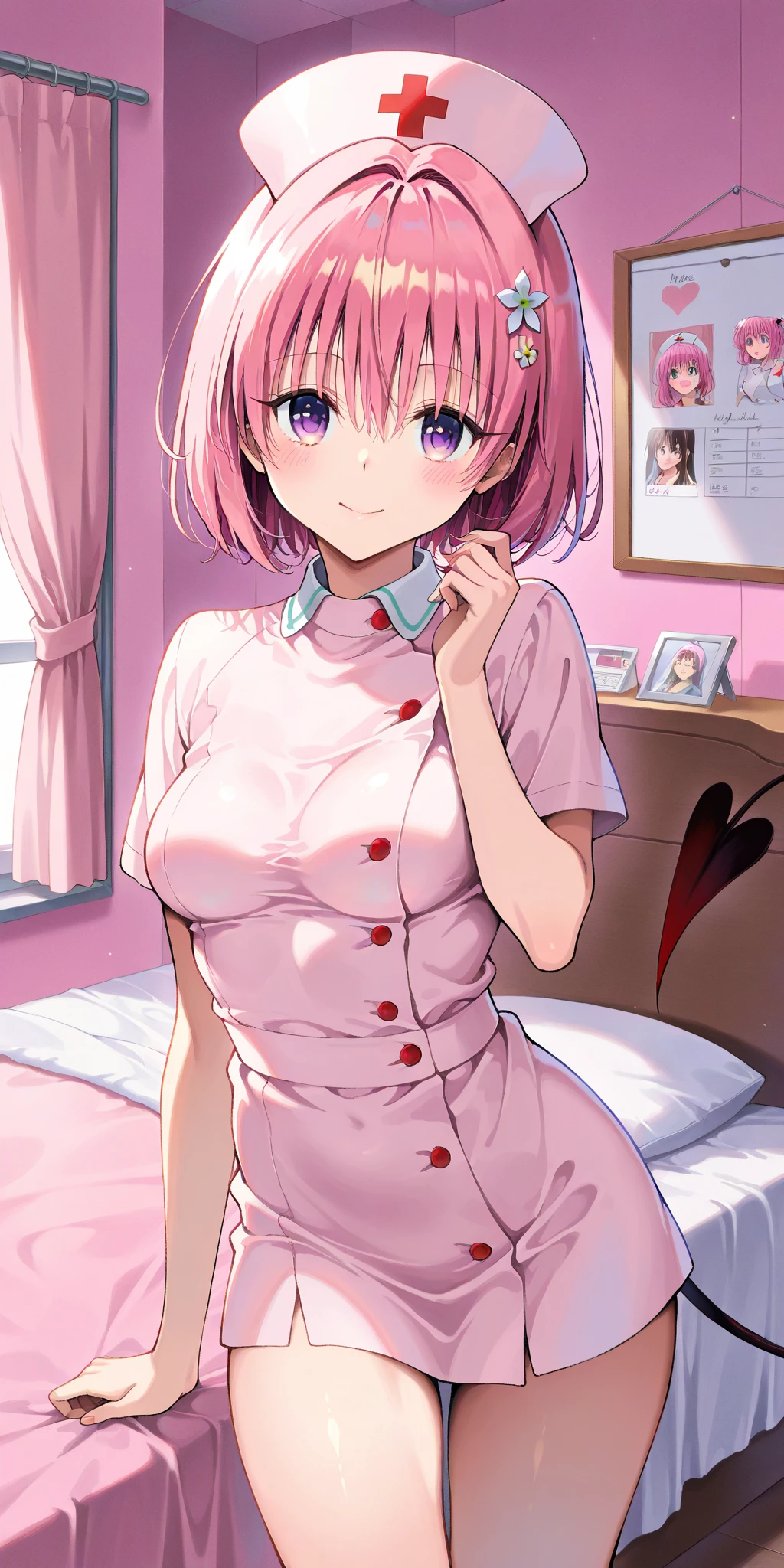 nsfw,ultra detailed,anime style,1 girl,short hair,aroused,heart shaped pupils,1 boy,licking penis,white nurse uniform,hospital,on the bed