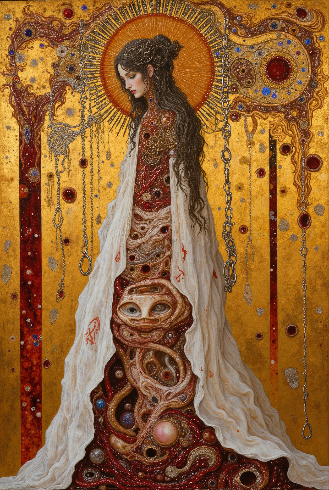 androgynous,1 human,((beautiful goddess,motherly)),((chained,T pose,hang:1.5)),body horror,biomachine,(bloody),shining sun, living being, (vivid color),(colorful),(tangled:1.2),(wearing  white robe:1.2), H.R Giger style,Gustav Klimt  Style,Yoshitaka Amano style,
Granulated,blood vessels,red liquid,red,gold,ritual,Abundance,
16k,detailed image,　　　by gustavklimt,creature,biomechanical style