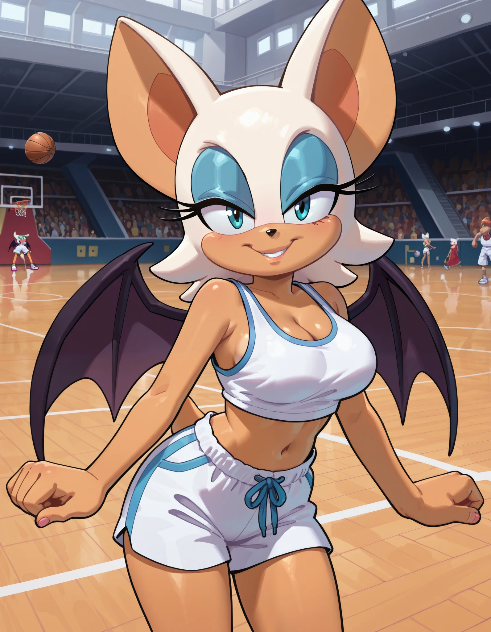 masterpiece, best quality, amazing quality, very aesthetic, absurdres, source furry, ((Rouge the bat)), ((short body)), half closed eyes, cyan eyes, blue eye makeup, (looking at viewer), bare hands, Lola Bunny cosplay, deep cleavage, white crop top, (white shorts), midriff, navel, medium breasts, smile, happy, standing, holding a basketball, indoors, basketball hall background