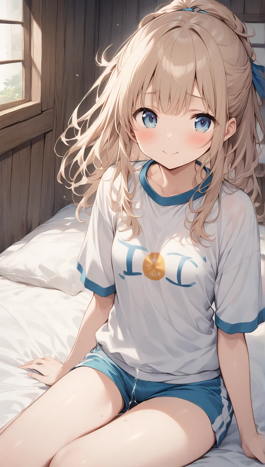 ((Masterpiece)), (Best Quality)), Illustration, 1 girl, Hair color, Bangs, Hairstyle fax, Portrait from the waist up, ((Small)), Tanned girl, Body details, T-shirt, T-back swimsuit, Girl, Dull long blonde hair, Blue eyes, Dull bangs, Lying on back, Hands behind your back, closing mouth, Hopelessness, Portrait of face taken from crotch,zoom to crotch, sweating, breasts pushing up clothes, slapping face on buttocks, plastic bottles, wet mattresses, messy room with clothes, non-shiny swimsuit, separate swimsuit, male hands