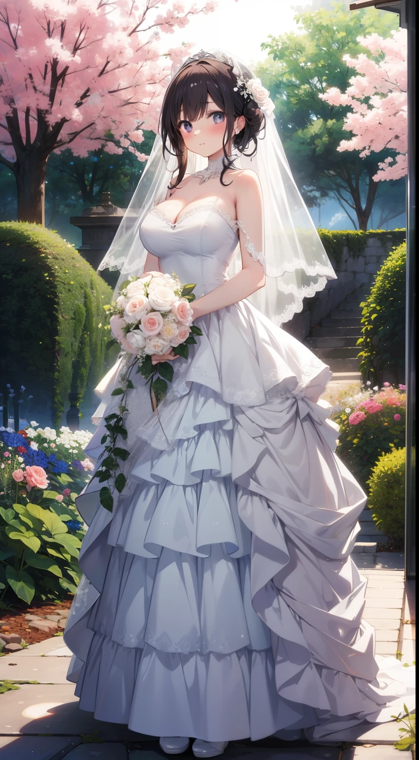 Anime bride in a wedding dress with a bouquet of flowers - SeaArt AI
