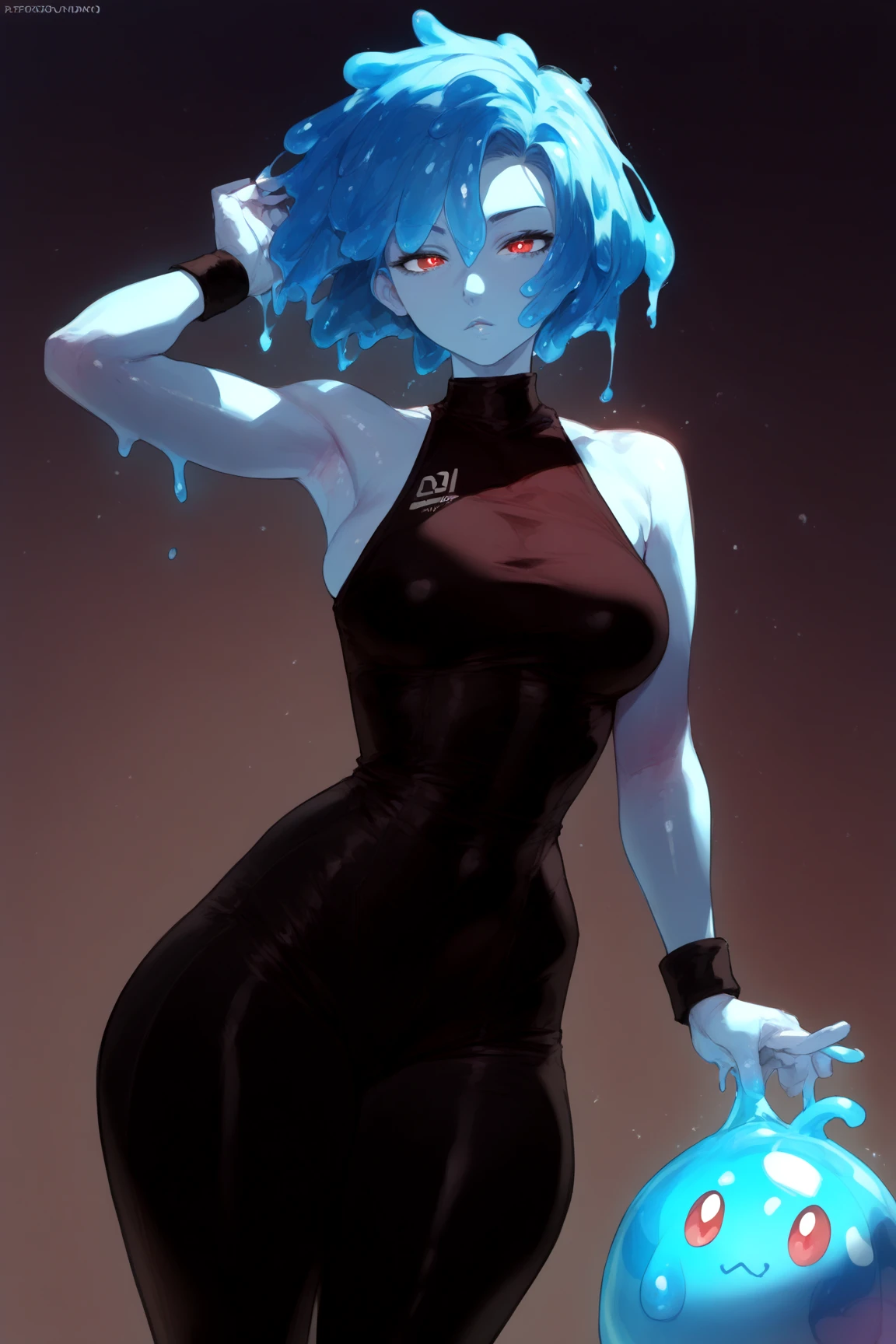 masterpiece, best_quality, 1girl, solo,slime, water hair,, green eyes, full body, standing on water, (blue skin), body made out of water, translucent blue body, looking at the viewer