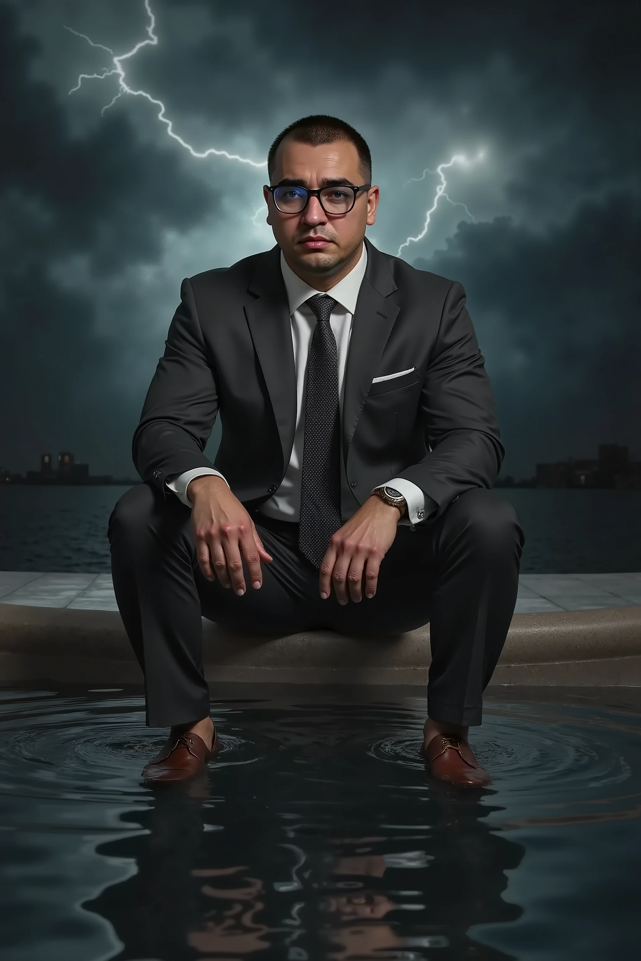 a strong man in glasses and a suit sitting on a chair in the center of a pool of water in the background storm and lightning, on a dark night,  cinematographic lighting
