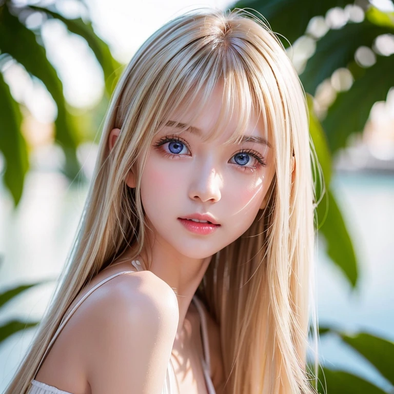 Shiny, beautiful white skin、Hair color changes depending on the light、Long bangs obstruct the view、cheek gloss highlights、sexy and very beautiful, Ladylike, cute, gorgeous face、the most beautiful face in the world、The most beautiful super long blonde hair in the world、smooth, straight hair、Very bright, large light blue eyes that shine beautifully, very big eyes、lighting equipment、beautiful pony、Beautiful Swedish girl、baby face