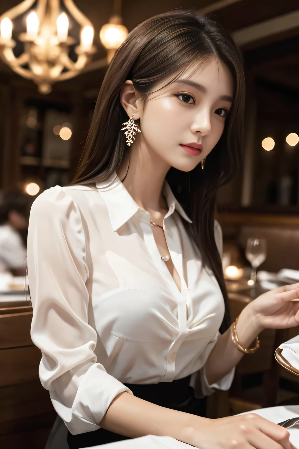 masterpiece, highest quality, Realistic, Very detailed, Finer details, High resolution, 8k wallpaper, One beautiful woman, Wear an elegant see-through blouse, In a great restaurant, At night, Light brown messy hair, Perfect dynamic composition, Beautiful and beautiful eyes、Big earrings、Sitting in a chair、