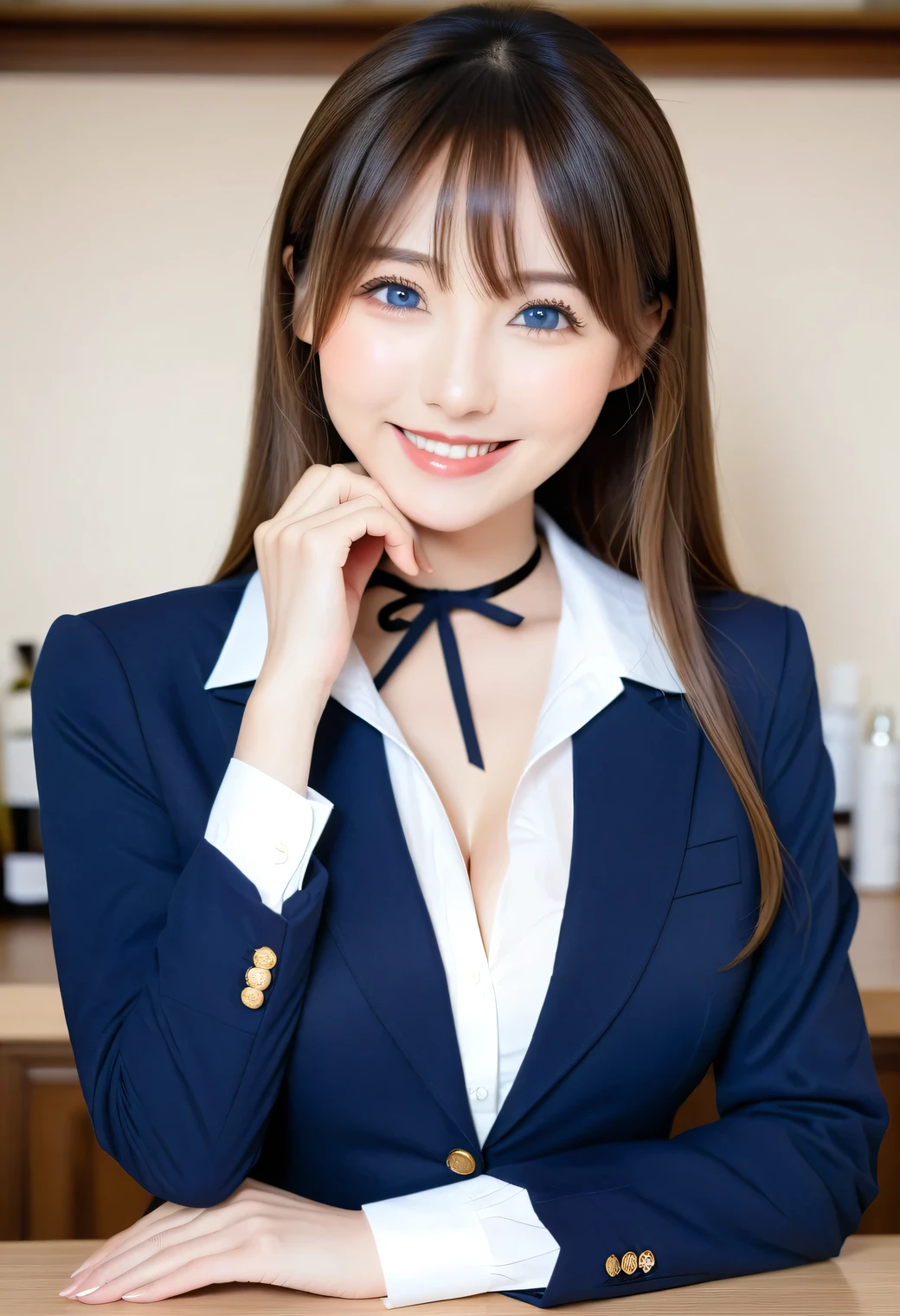 score_8up , score_9, A beautiful girl who is a relative, Submissive woman, happy expression , (( white tight shirt、 navy blue blazer )), Orthodox clothing, announcer、 adorable by design, smile, Slim face, has a slim body, straight long hair , brown hair, sexy, girl, perfect hand, black choker、 blue contact lenses 、bangs、Very thick and long eyelashes、(( big breast)), big breast, Natural Cosmetics, anatomically accurate, upright、 lounge, counter,Manuscript on the table、 announcer