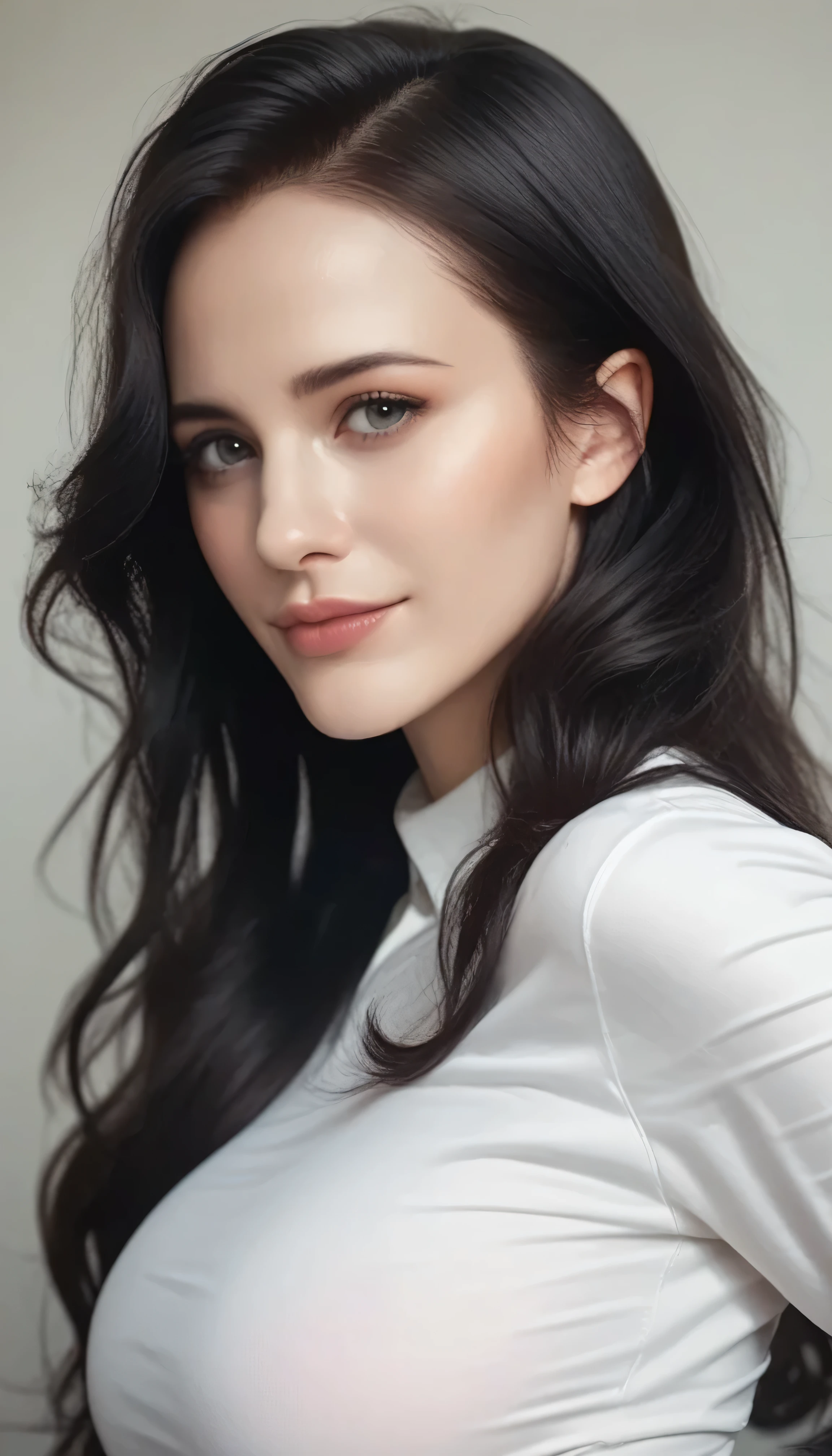 beautiful woman with large breasts, long black hair, wearing long sleeve shirt, black pants, half body portrait, realistic photo