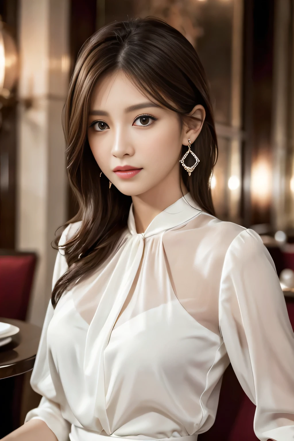 masterpiece, Highest quality, Realistic, Very detailed, Finer details, High resolution, 8k wallpaper, One beautiful woman, Wear an elegant white see-through blouse, In a great restaurant, At night, Light brown messy hair, Perfect dynamic composition, Beautiful and beautiful eyes、Big earrings,Sleeveless shirt、