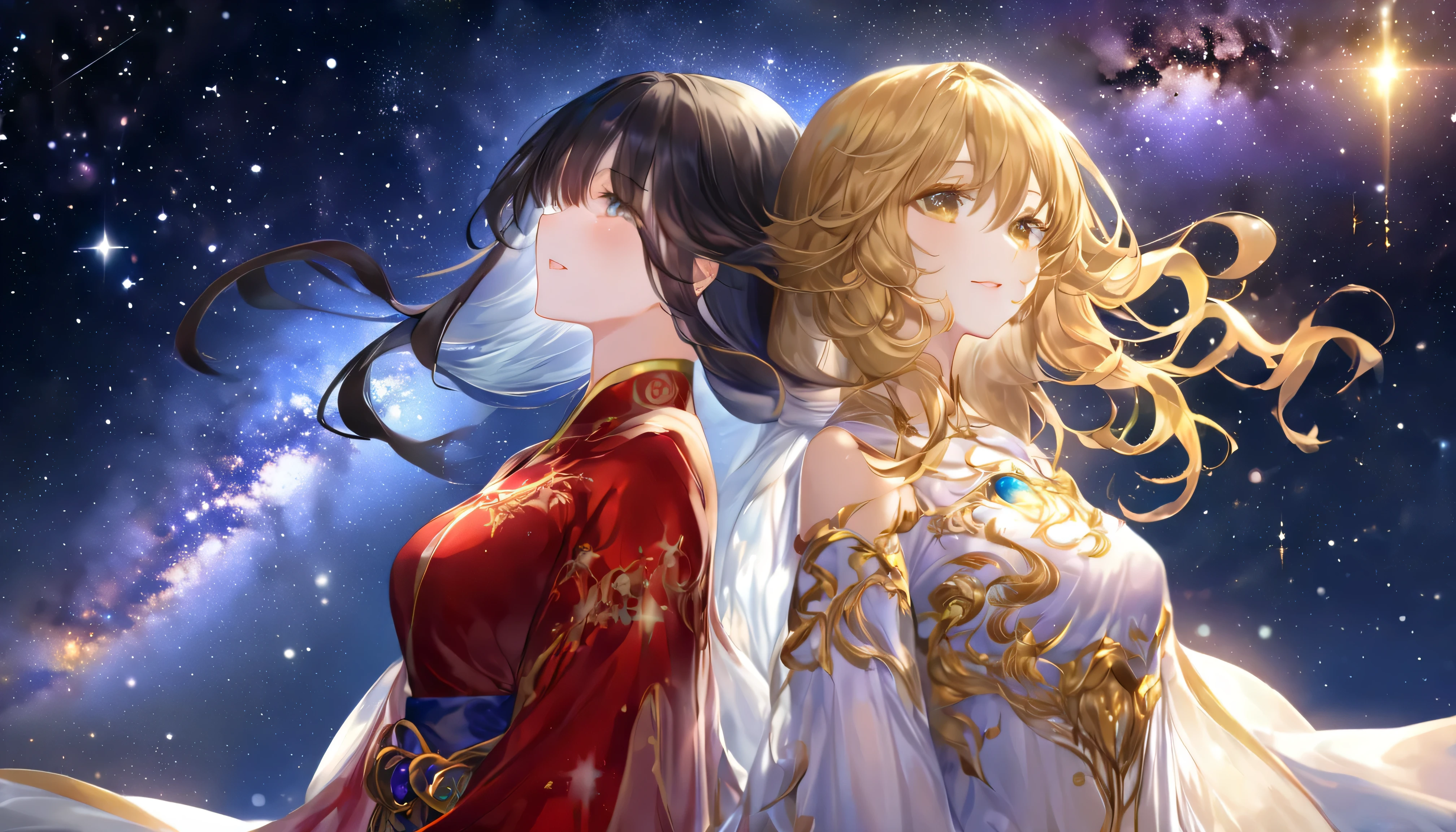  a magnificent cosmic night sky spreads out in the background 、The Milky Way and countless stars 々 shine brightly , The whole scene is sacred They are full of energy 、 Mystery、 beauty、 and gives off a fantastic glow ,The two gods 々 each face is delicate and beautiful 、 facing the front, Both have a mysterious atmosphere like being in the sky、 their gaze gives off a supernatural charm that attracts viewers, in the background 、Their flawless, radiant skin makes you feel beautiful beyond reality , has golden wavy hair 、 and the other has deep, dark, lacquered hair 、 her hair flows gracefully on her shoulders 、 beautiful women stand side by side , they are decorated with celestial patterns such as stars and constellations 、 and wears a flowing costume that emits light ,