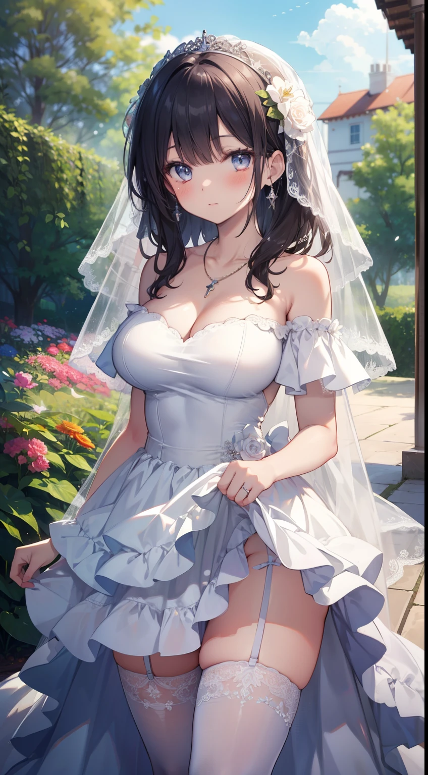 (Masterpiece), 8k wallpaper, solo, Watanabe you, game cg, beautiful detailed face and eyes, perfect anatomy, standing, outside, blush, glossy lips, wedding dress, off the shoulder, necklace, jewelry