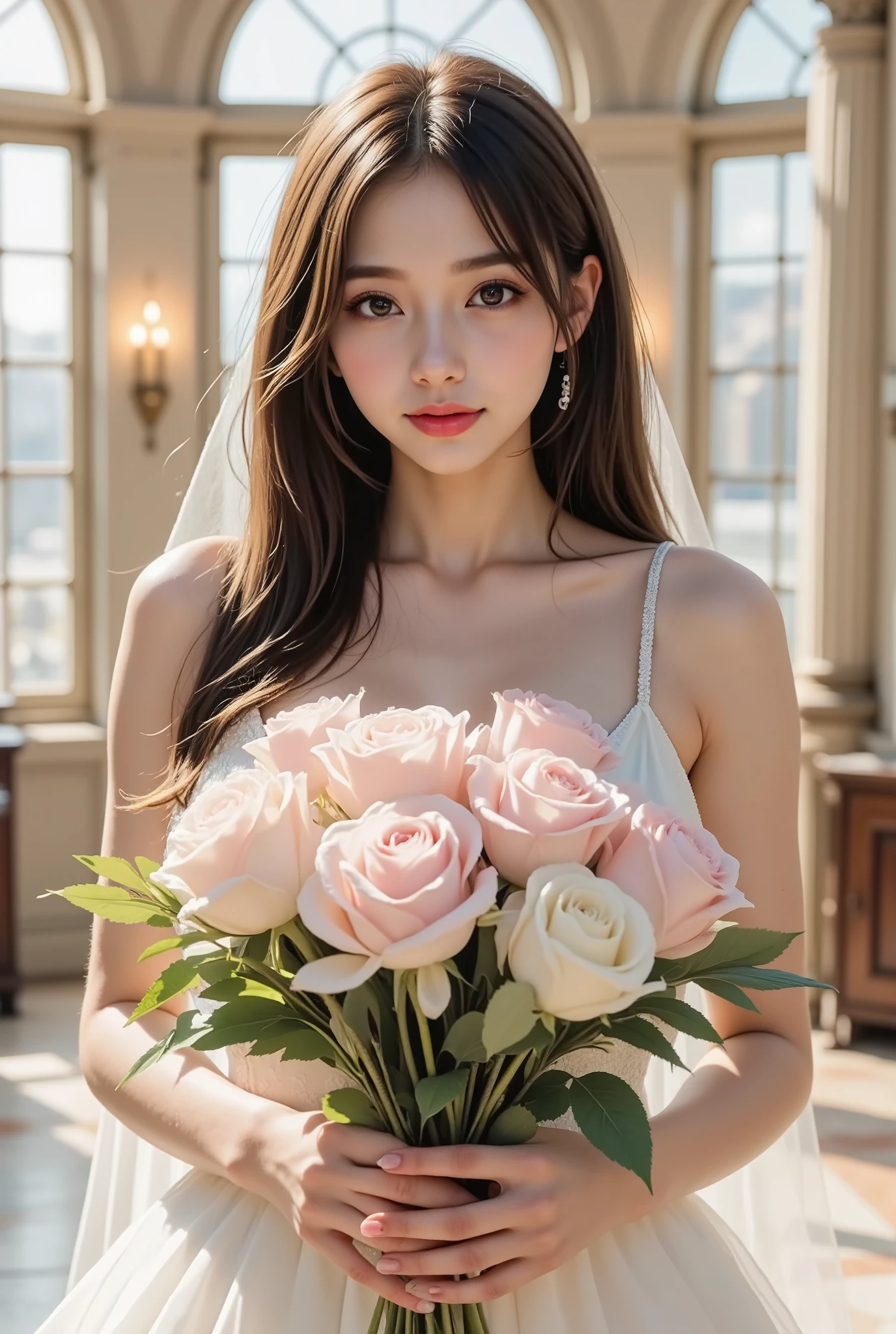 ( long distance shot :2.0)、(16k、 RAW photos ,  top quality, masterpiece)、(Actual photo)、(realistic pictures)、 Learn more,  beautiful eyes,  very detailed and beautiful ,  amazing details 、 BEAUTY WITH PERFECT BODY 、 real face,  detail your face down to the smallest detail、 brown hair、Long hair curls、 Fluffy Curly Hair 、Curly hair with a three-dimensional effect、 large almond-shaped eyes 、 eyeliner is soft brown、Thick eyeliner 、Light false eyelashes 、Beautiful older sister、 cute beauty with perfect body 、 glowing skin、 glossy lips、 high resolution face and skin texture 、 detailed eyes 、double eyelids、Eyes are black、blue eyes、 Has bangs、A wide shot of a character、 full body shot、 white wedding dress、 with a three-dimensional effect、Holding a big bouquet、A wedding dress with a bouquet of flowers in front 、 wedding venue from the window、Standing glass on the ceiling 