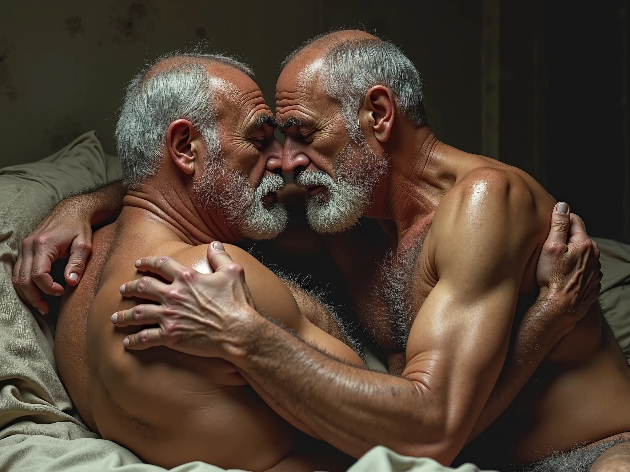 photo realistic,1980s, luxurious shower room,kiss,lick nipples, gay, bara, 2men,only Batman mask,two men naked except for white briefs, Batman (only mask,hairy body, many old scars) hugs and licks the chest of his beloved old man Alfred (white hair, white body hair, tall slim body) with a childlike smile, slim tall Alfred accepts with a smile and strokes Batman's head