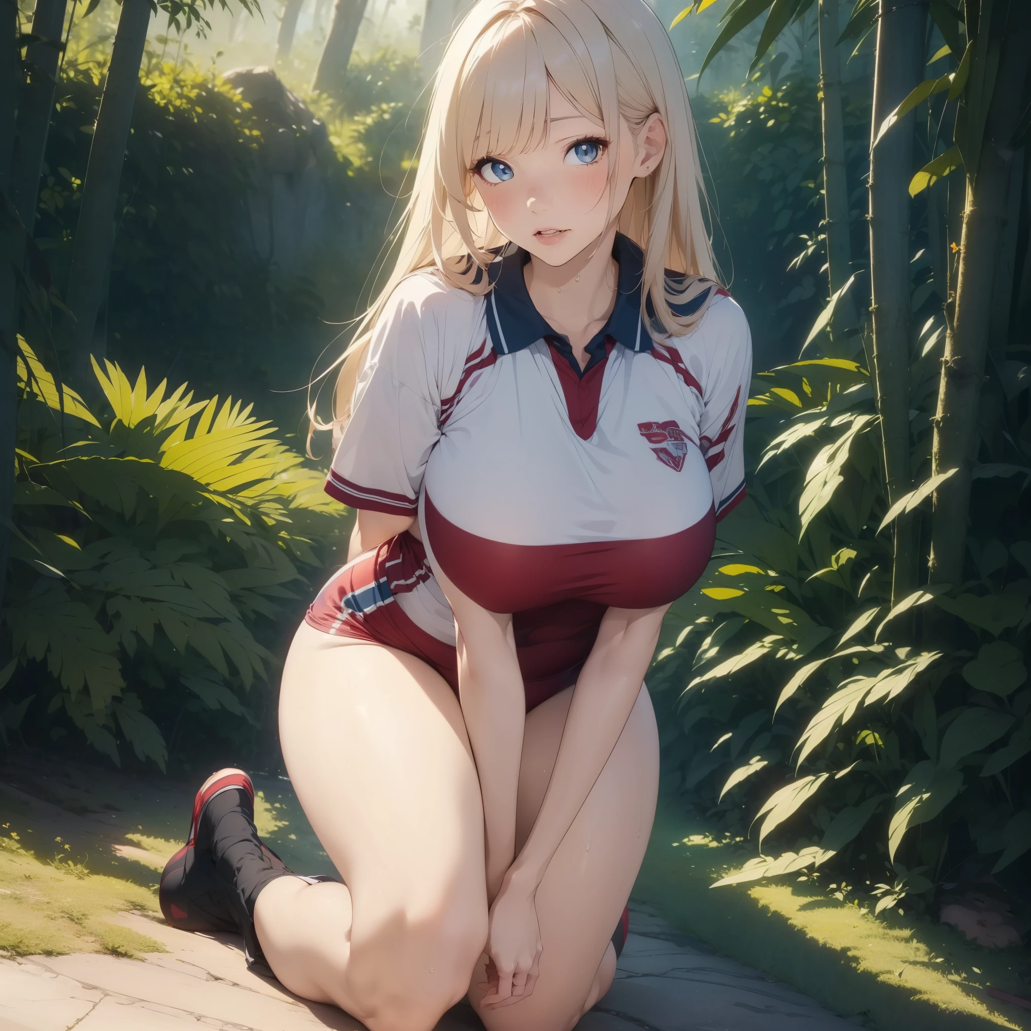 1 lady, HD quality, anime, solo full body shot, (sitting with hands back:1.5), (open legs to limit:1.5), (with one knee up:1.3), showing  pubic area:, (under boob:1.6), Large breasts, (cleavage), smiling, (thin thighs:1.3), (Sailor uniform only for the upper body:1.5), (Crop Top sheer  white shirt:1.5), (sleeveless:1.6), without brassiere, (white tiny micro thong:1.7), poolside, (Green detailed eyes), blue sailor collar, red ribbon tie