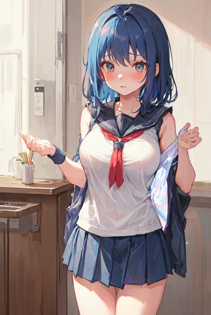 NSFW、High school girl standing in school classroom、masutepiece、Highest quality、High resolution、masterpiece、break ((From below:1.6))、((Low - Angle:1.5))、((skirtめくり、skirtの裂け目))、(Black Pantyhose:1.5)、White panties under pantyhose、break(Has 1 girl)、(Beautiful eyes are detailed、Every detail of the face、masterpieceサイドライト、masterpiece、Highest quality、Detailed、High resolutionのイラスト)、Delicate makeup、(Cowboy Shot:1.2)、Buttの主観、Soft focus ground bokeh、smile、break(Highest qualityのイラスト:1.2)、(pretty girl:1.1)、(Highest qualityのイラスト:1.2)、(pretty girl:1.1)、(Has 1 girl:1.5、solo:1.5)、 (Has 1 girl、18-year-old、One Pose、かわいいsmall、Medium chest:1.5、目の描写が超Detailed:1.2)、(Beautiful breasts)、((Blue Hair:1.5))、(short髪)、(((Short Bob)))、Small waist、smallButt、、超High resolution、腕の描写がDetailed:1.2)、BREAK 高校の、(Navy Blue Blazer)、(White shirt)、(Blue ribbon)、白いプリーツskirt:1.5))、にDetailed、Complex、masturbation behavior、Absurd、 ((Smooth texture:0.75、Realistic texture:0.5、Anime CG style)Madoka Kaname、Red ribbon、((uniform))、(Vaginal sex:1.5)、(Beautiful Landscape)、evening、Droopy eyes、Exposed nipples、 Navy blue see-through school swimsuit, school classroom, black gal(Dark Skin:1.2)、(correction:1.1)、(short、small、small:1.2)、Cowgirl、Crouch、Leg spread、Anime artwork score_9, score_8_up, score_7_up, score_6_up, score_5_up, score_4_up, source_アニメ, BREAK, Thick outline, Thick outline, 明日香_Xl, Brown eyes, Brown Hair, ponytail, White ribbon, Red scarf, Large Breasts, BREAK, 明日香_school_clothes, skirt, White shirt, プリーツskirt, tie, Short sleeve, BREAK, squat, From the back, Striped panties, Butt,