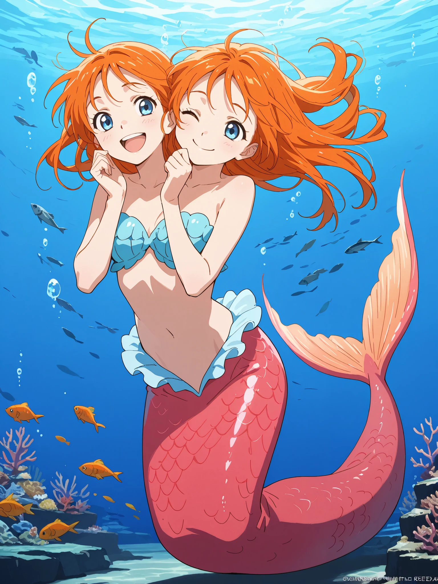 anime girl with two heads, mermaid, happy, winking, mouth open, mouth closed, smiling, long orange hair, blue eyes, underwater, fish swimming around