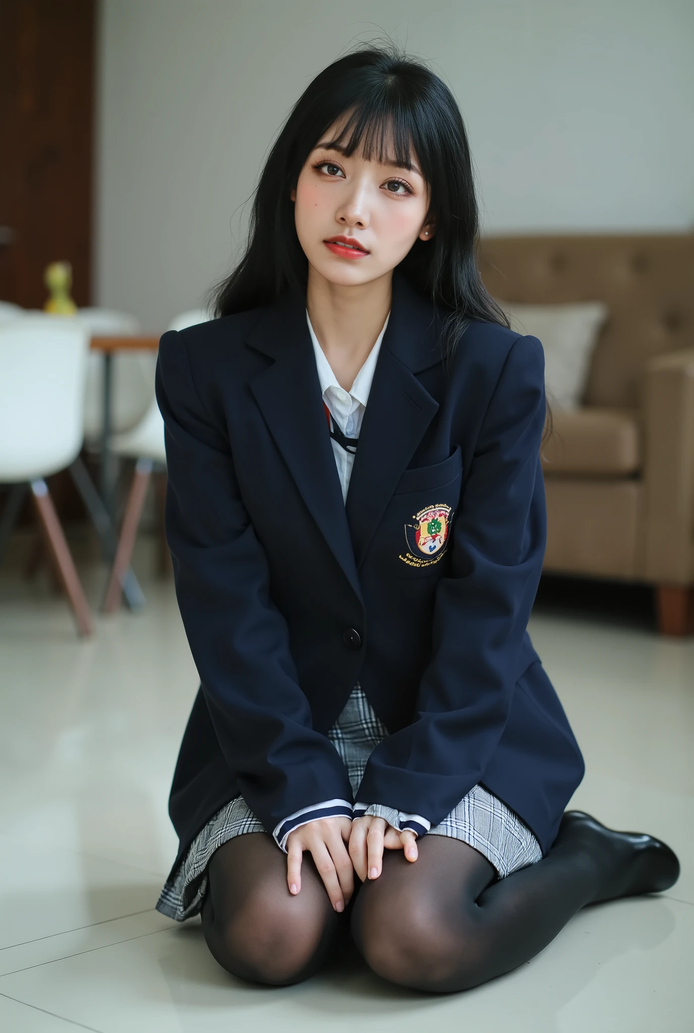 A young woman、 wear a uniform、 sitting on the floor。Medium weight, medium back、 black hair、she has a rather calm expression,。A little glare。Young women in their late s or early 20s 。the uniform is a navy blue jacket,、 plaid mini skirt。she is wearing dark tights,。she is wearing light-colored pants under her skirt,。 with hair up to the shoulders 、her bangs are slightly trimmed,。The image has a calm atmosphere, with a slightly serious expression,、 Calm Atmosphere 。Indoors、 sitting directly on the floor。The room、there is a whitish floor,、there is white and brown furniture,。a sofa is visible at the back of the room,。 women are located slightly to the left in the center、 looking at the camera from the front。 as a whole 、slightly formal,、 Calm Atmosphere の画像。The lighting is natural。