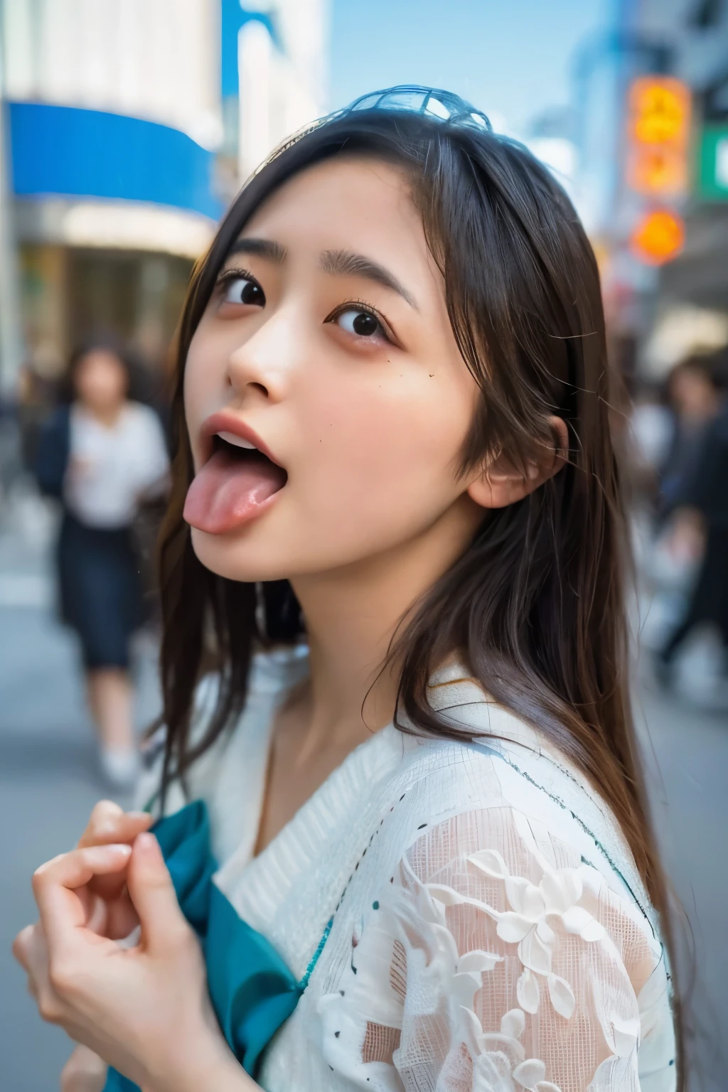 one woman, Japanese actress, (She opens her mouth wide:1.6), she looks up at the sky, (POV:1.2), composition looking down on her, Composition of the camera shooting from above, On the bustling street, in the crowd , Close-up of face , masterpiece, highres, high-resolution, 8k,8k portrait , realistic, RAW photo, real person, portrait photography, photo realistic, detailed skin, (best quality, Ultra detailed: 1.2),